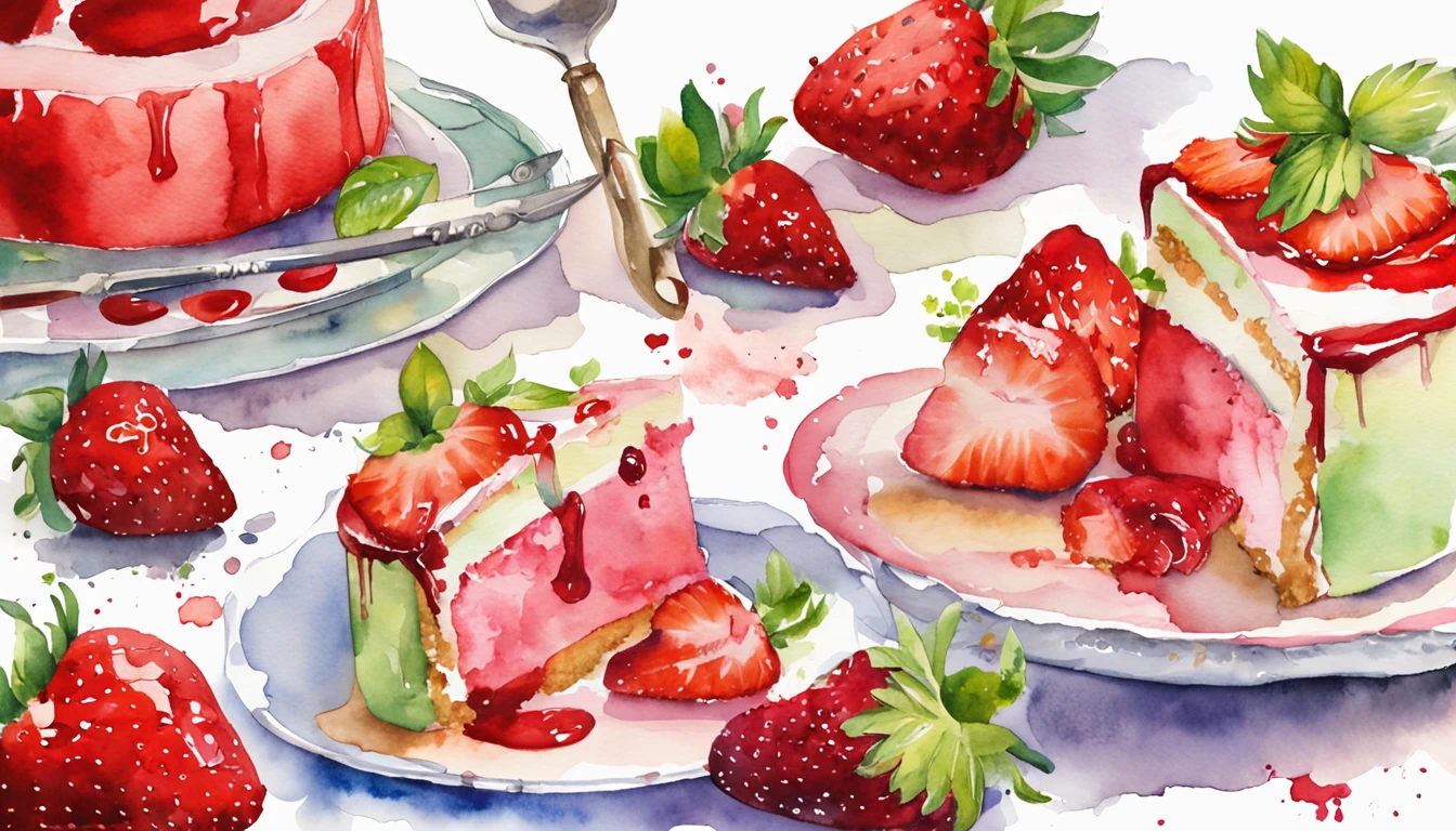 cake, strawberry, whipped cream, strawberry syrup, chocolate pieces