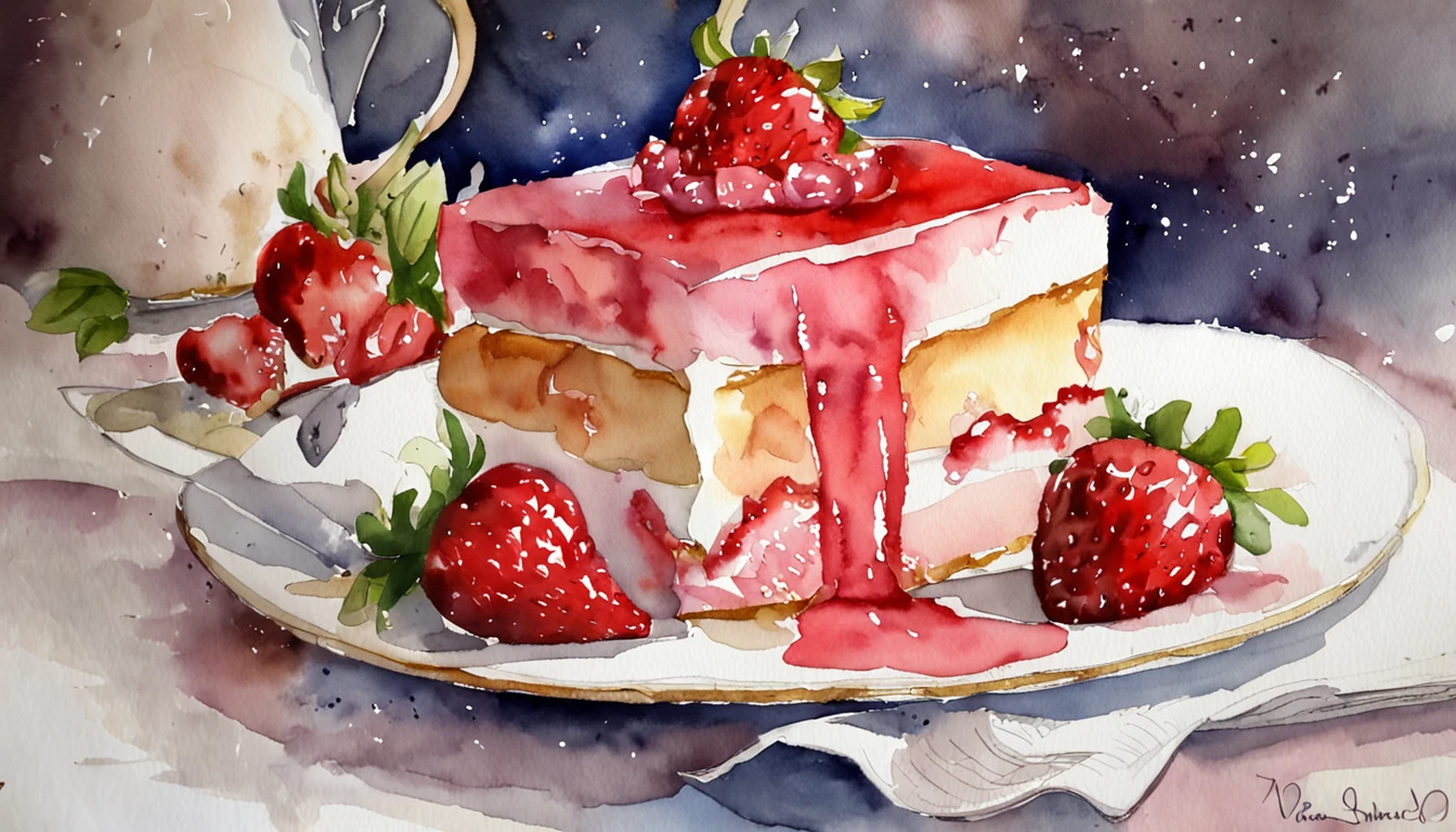 cake, strawberry, whipped cream, strawberry syrup, chocolate pieces