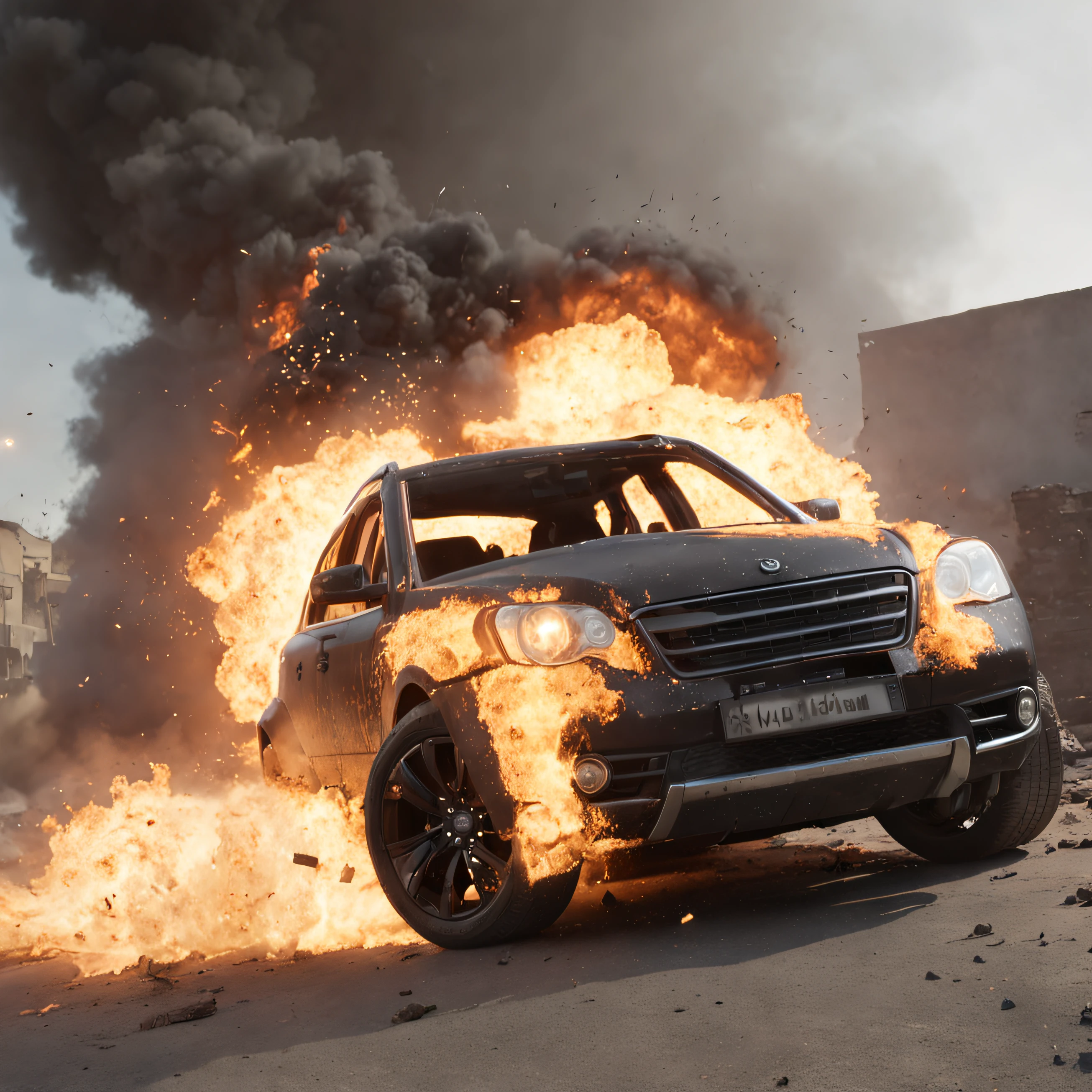 (professional 3d render:1.3) af (Realistic:1.3) most beautiful artwork photo in the world，MASSIVE EXPOLSION, ACTION MOVIE EXPLOSION WITH DARK SMOKE (Centered) SMILING beautiful, sexy, stylish, perfect INDIAN fashion model, flying hair, walking away from an exploding car, massive fireball, chaos, flying debris, full body 8k unity render, action  shot, skin pore, very dark lighting, heavyshading, Detailed, Detailed face, (vibrant, photograph realistic, Realistic, Dramatic, Dark, Sharp focus, 8K), (Intricate:1.4), decadent, (Highly detailed:1.4), Digital painting, rendering by octane, art  stations, concept-art, smooth, Sharp focus, illustration, Art germ, (loish:0.23), wlop ilya kuvshinov, and greg rutkowski and alphonse mucha gracias, (Global illumination, Studio light, volumettic light), heavy rain, particles floating, lotr, fantasy,CGSesociety,art  stations