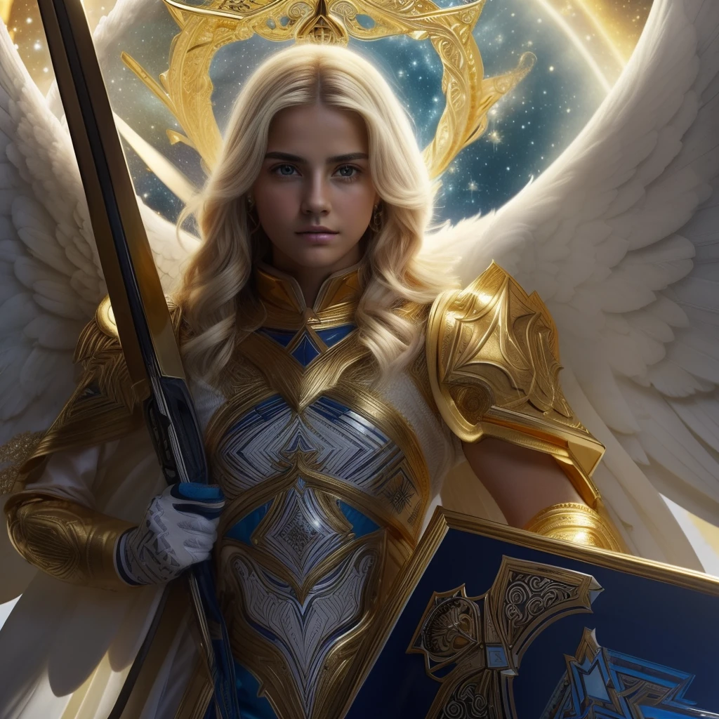 (((Holy GUARDIAN ANGEL. 19 years old))) ((( Con una cara seria y piadosa. Con una mirada dulce y tierna))) (obra maestra, calidad superior, mejor calidad, arte oficial, beautiful and aesthetic: 1.2), (1girl), extremadamente detallado, (Arte fractal: 1.3), colorido, highest detailed, Cara perfecta, parte superior del cuerpo, HDR, (orando: 1.3), (golden lines of white coat: 1.2), galaxia, (rayas de luz), eye-catching visuals, (dynamic stripes, senderos luminosos: 1.2), colores vibrantes,