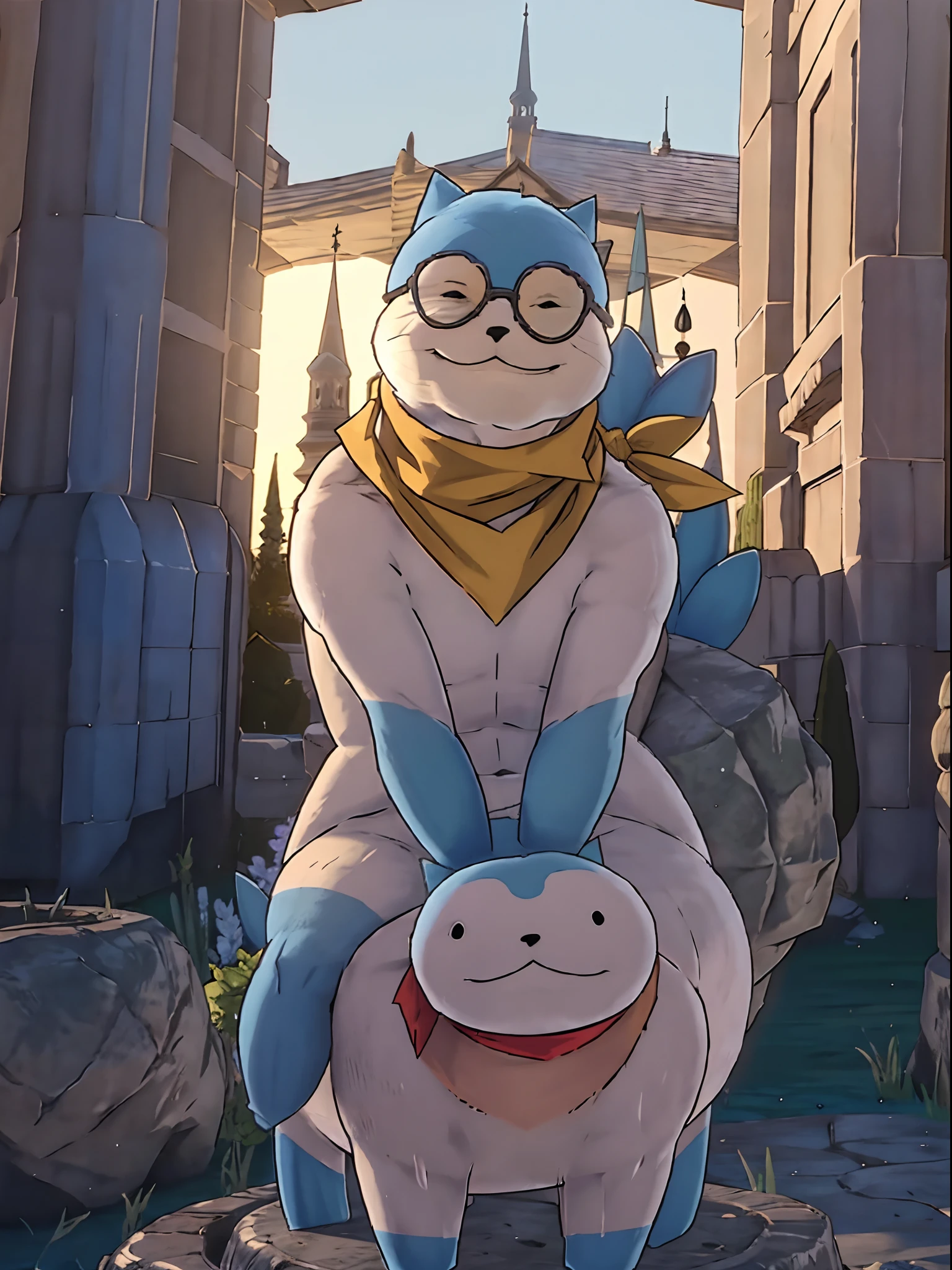 1 large sommie sitting like stone statue in front of a sci-fi palace, sunglasses, pokemon_(creature), no_human, no_humans, masterpiece, best quality, animal_ears, yellow_scarf, closed_mouth, smile, blue tail, (daytime, outdoors, harsh lighting), western comic book style, detailed intricate linework, Detailed realistic digital fixed 3d illustration