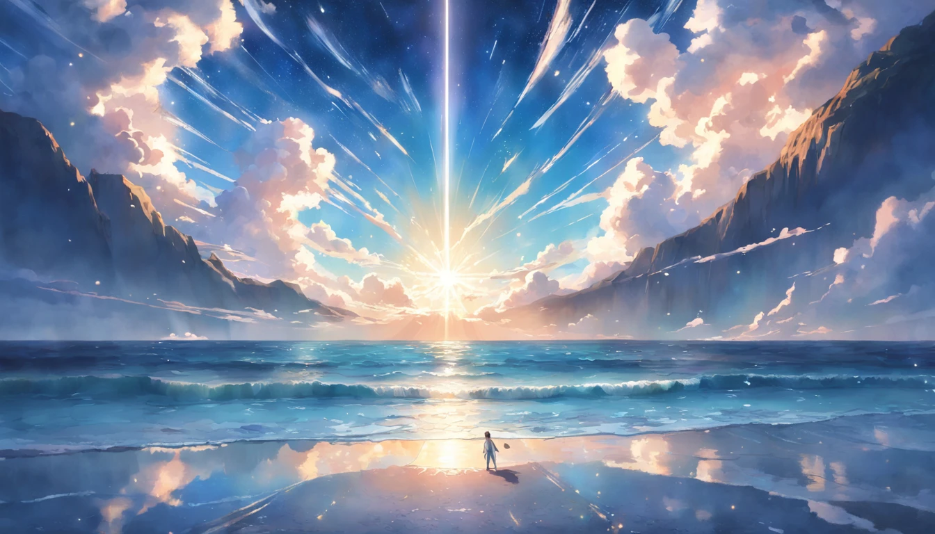 animesque、By Shinkai Makoto、Faraway view、landscapes、vanishing point、Outrageous resolution、hight resolution、ultra-detailliert、The upper half shows the universe、Below is the sea、Bright atmosphere、Fantasia、magia、mare、Daylight hours、clean blue sky、sunlight shining、prisma、beautiful lighting、Bright lighting、Soft lighting、Lots of shining magic lights、Mysterious Gate、(Spark:0.7)