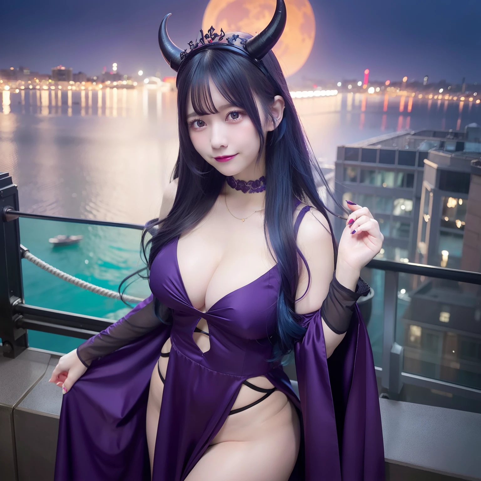 1girl, horns, breasts, solo, cleavage, looking at viewer, long hair, blue hair, wide sleeves, building, monster girl, red eyes, smile, stained glass, city, very long hair, demon girl, moon, dress, long dress,wearing a purple dress, wearing a big necklase, wear a crown