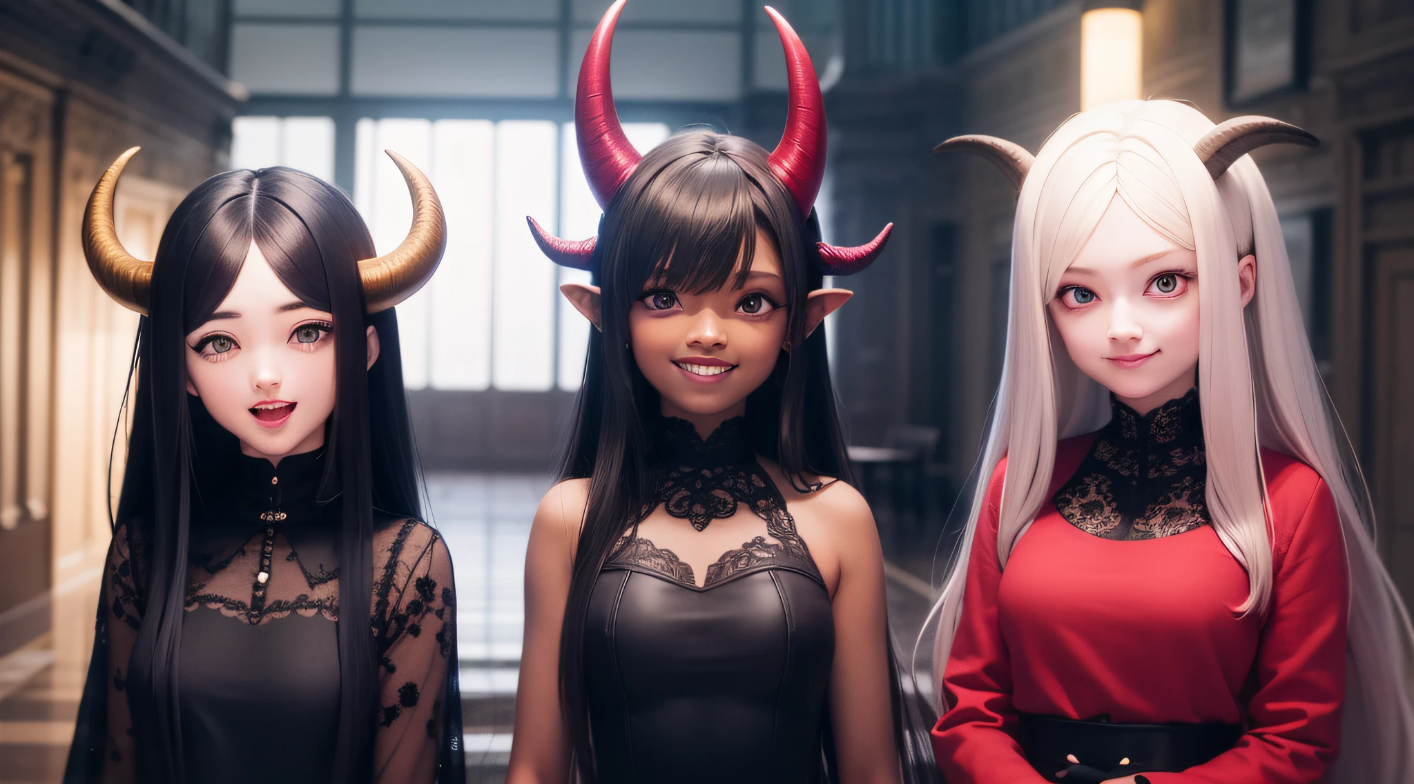 duas mulheres lindas de cabelos escuros usando roupa preta de couro, with horns on the head, face de maldade pura, Evil laughter, olhos vermelhos, posando pra foto, ultrarealista, ambiente com pouca luz, com mostros ao fundo da imagem em paisagem distante