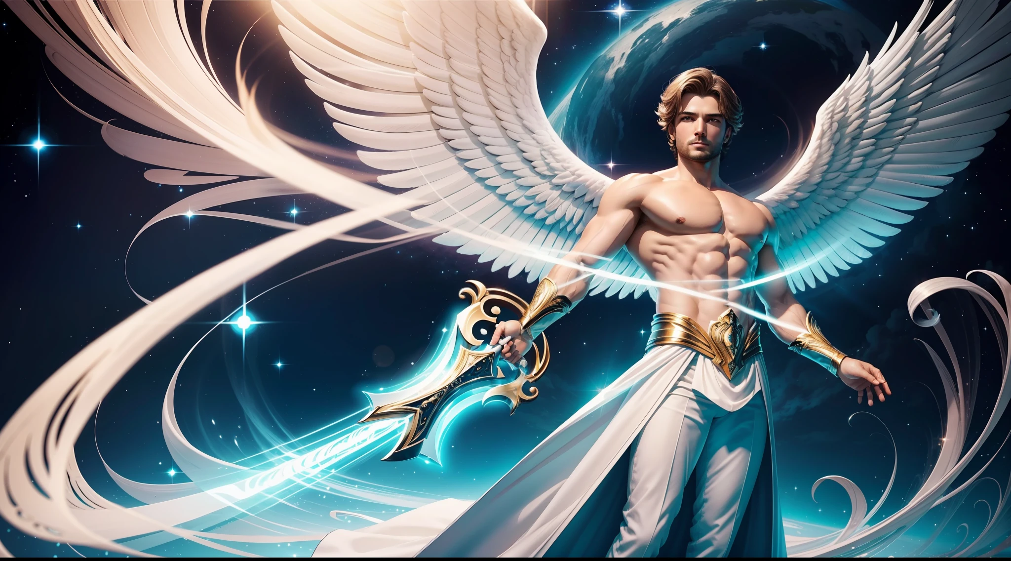 Descreva detalhadamente a figura de um homem, Archangel with angelic features turned completely to the left. Include information about your appearance, como o cabelo branco, longo e liso, as asas brancas e angelicais em suas costas, bem como sua beleza extremamente marcante, charme, elegance and the angelic sensation that emanates from it. Imagine it in a scenario with a white background (FUNDO BRANCO), banhado por uma luz radiante (LUZ RADIANTE), e explore como esses elementos se combinam para criar uma imagem cativante e celestial. (HOMEM)