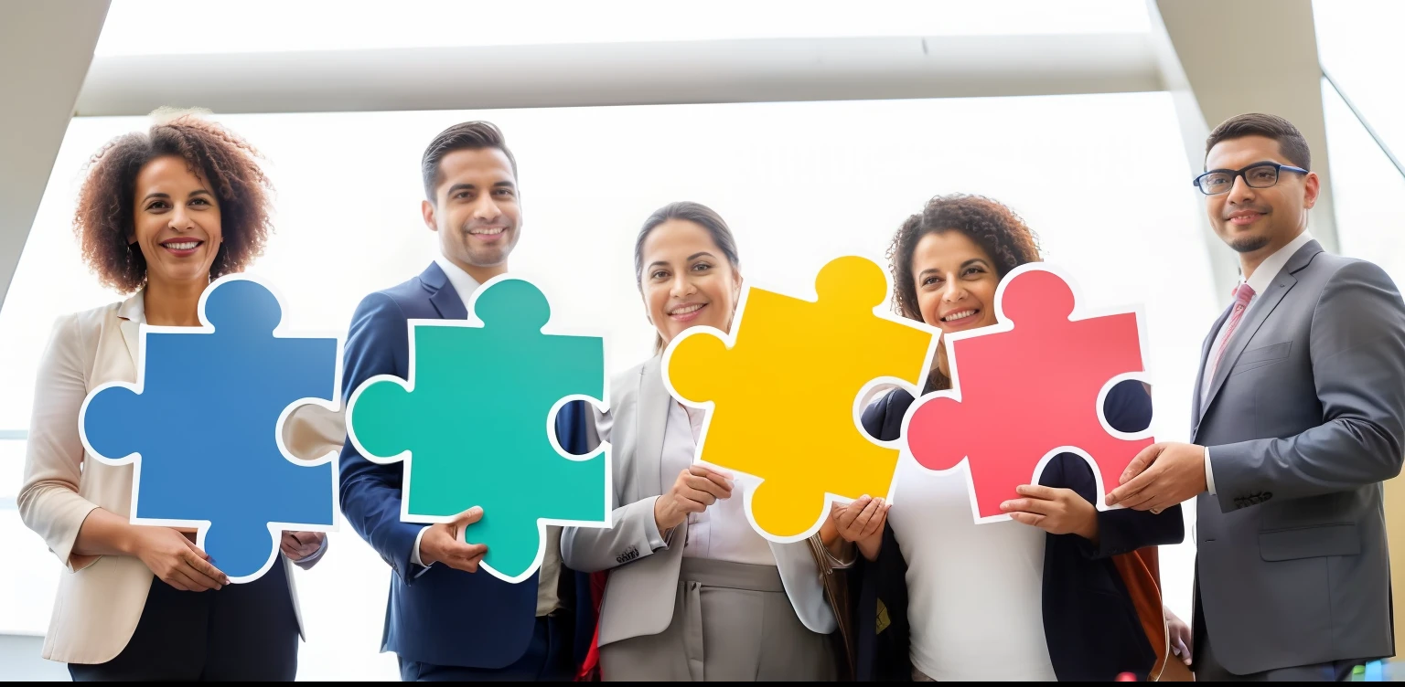 several people holding colorful puzzle pieces, Diferente, aproximando as pessoas, a harmonious integration, diversidade, integration, em um fundo escuro, foto de marketing, advertising photo, puzzle, Imagem incrivelmente composta, foto de alta qualidade, integrar insanamente, foto comercial, fundo transparente, foto corporativa, artist's interpretation, imagem de alta qualidade", adversitement, iniciante, colaborativo