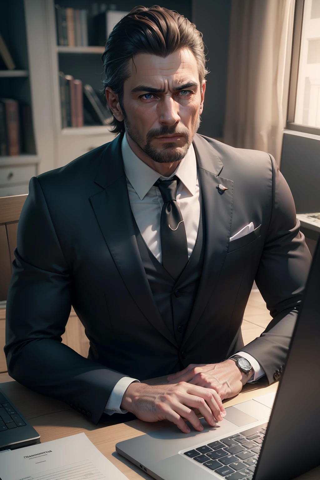 Homem de terno e gravata trabalhando em seu laptop, cinematic realistic portrait, semi-realistic rendering, 8k portrait render, hyper realistic detailed rendering, detailed cinematic render, photorealistic cinematic render, imagem ultra realista, smooth 3d CG rendering, hyper - realistic render, hyperrealistic rendering, wearing a strict business suit
