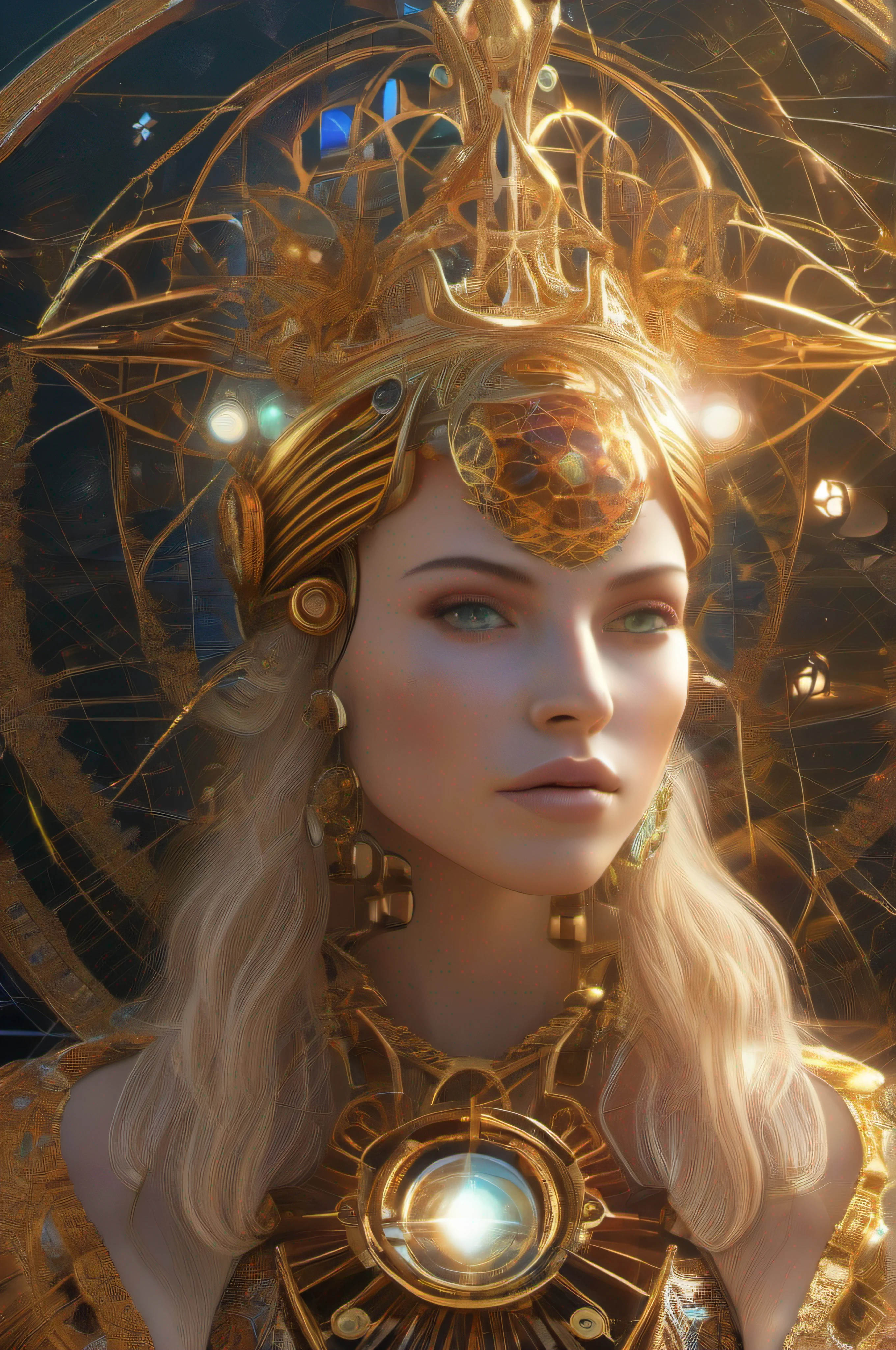 Algorithmically enhanced random close-up view of a sublime female Goddess covered in powerful Ultra Arcane magic sigils wearing an intricate living lightning fractal crown and lavishly adorned attire reflecting tactical sun-motes and diamond moon shards, quasi-cosmic vortex sub-model, bright nebulae in the background, 7th-Sphere characterized, golden ratio-ed, inner bio-illuminated geometry, starkest contrast,flagrantly fibonacci formulated, dynamic bi-lateral asymmetry, super-critically unique, quantum feedback algorithm frenzy, hyper-realistic, post singularity AI imperative, ironically staggered data set, active 3D shading, lighting and focus, random 3D particle effects, rule of thirds, Unreal Engine 10, art station, Maximum Level of detail, concept art, art nouveau, 8k, Iridescent Primalight, Hawking radiation collector with lucidity crystallizer and grade A temporal accumulator, spontaneous Kozyrev Mirror refraction, cosmic ray visionary, innate Jail Break Protocol