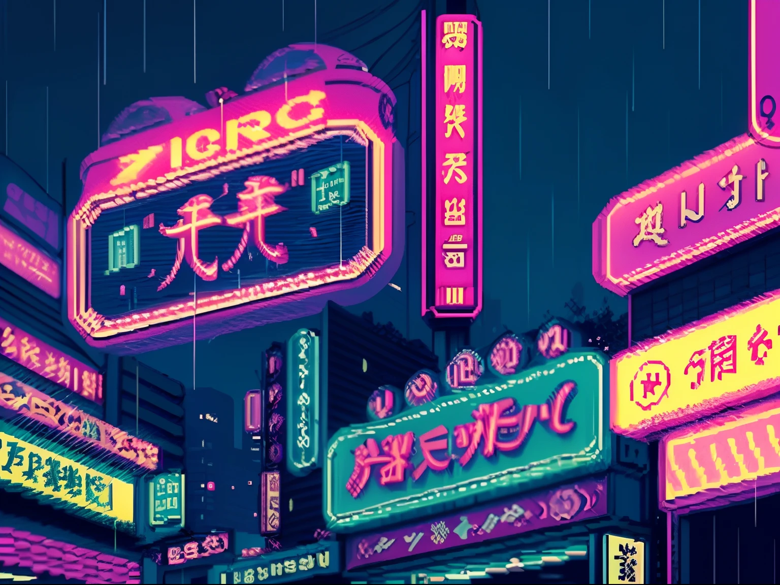 (bokeh effect), (dynamic angle), ((masterpiece)), (streets of tokyo), (zebracross), (raining), (night), empty city, dark, (neon), pixelart, ((pixelated)), cyberpunk, ((16bit)), (retro)