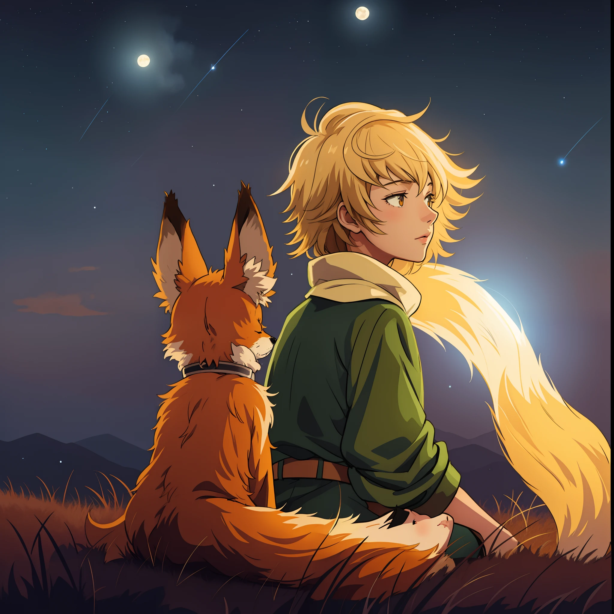 anime boy and fluffy fox sitting on grass looking at the stars and a full moon, the little prince, fan art, inspired by Caspar Wolf, adorable digital painting, official fanart, ears shine through the light, artistic rendering, very very beautiful furry art, detailed fanart, gazing off into the horizon, Fanart ", cute detailed digital art, official art, high quality fanart, illustration”, artistic render