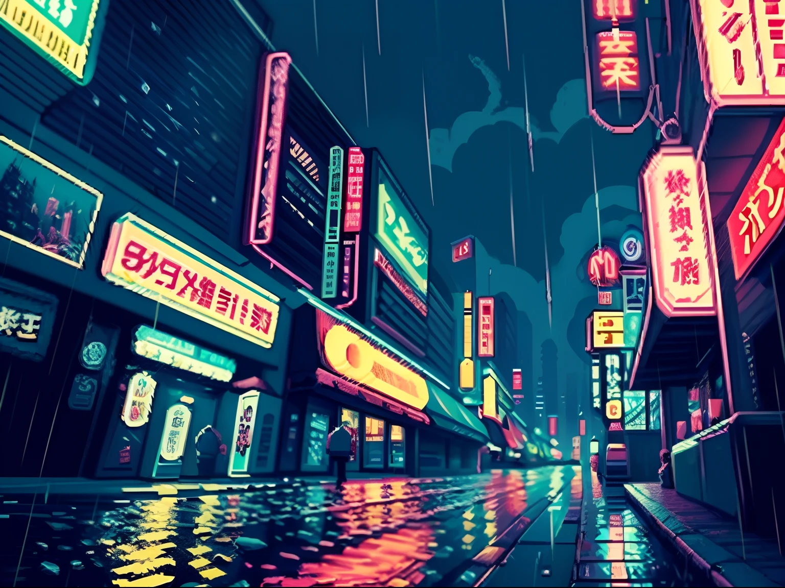 (bokeh effect), (dynamic angle), ((masterpiece)), (streets of tokyo), (zebracross), (raining), (night), empty city, dark, (neon), pixelart, ((pixelated)), cyberpunk, ((16bit)), (retro)