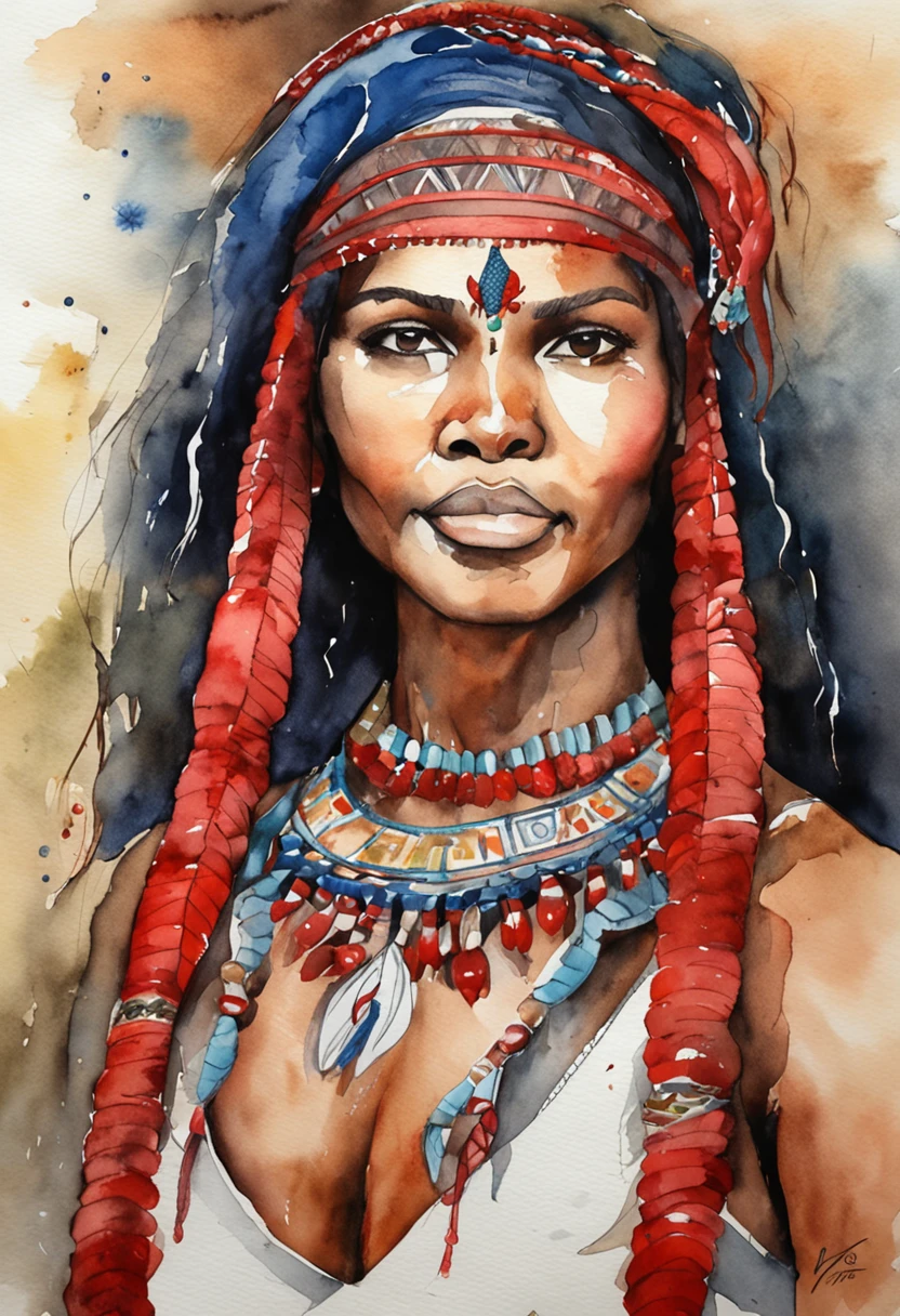 1 mulher, indigena, anatomia perfeita, corpo inteiro, cabelos pretos, olhando para a frente, Amazonian Indian hair, olhos ocidentais pintados com lista vermelha, seios nus, vestindo somente com a franja Yanomami , usando colares de sementes, com o corpo pintado de urucu.