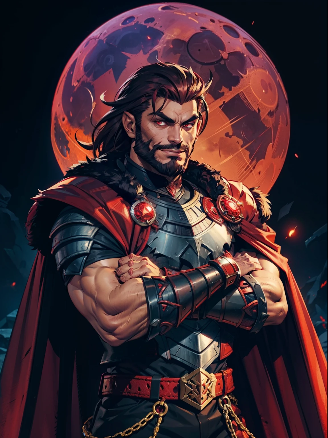 Dark night blood moon background, Darkest Dungeon style, game portrait. Sadurang from Marvel, hunk, buffed physics, short mane hair, mullet, defined face, detailed eyes, short beard, glowing red eyes, dark hair, wily smile, badass, dangerous. Wearing full armor with red dragon scales, cape of furs. Breath fire.