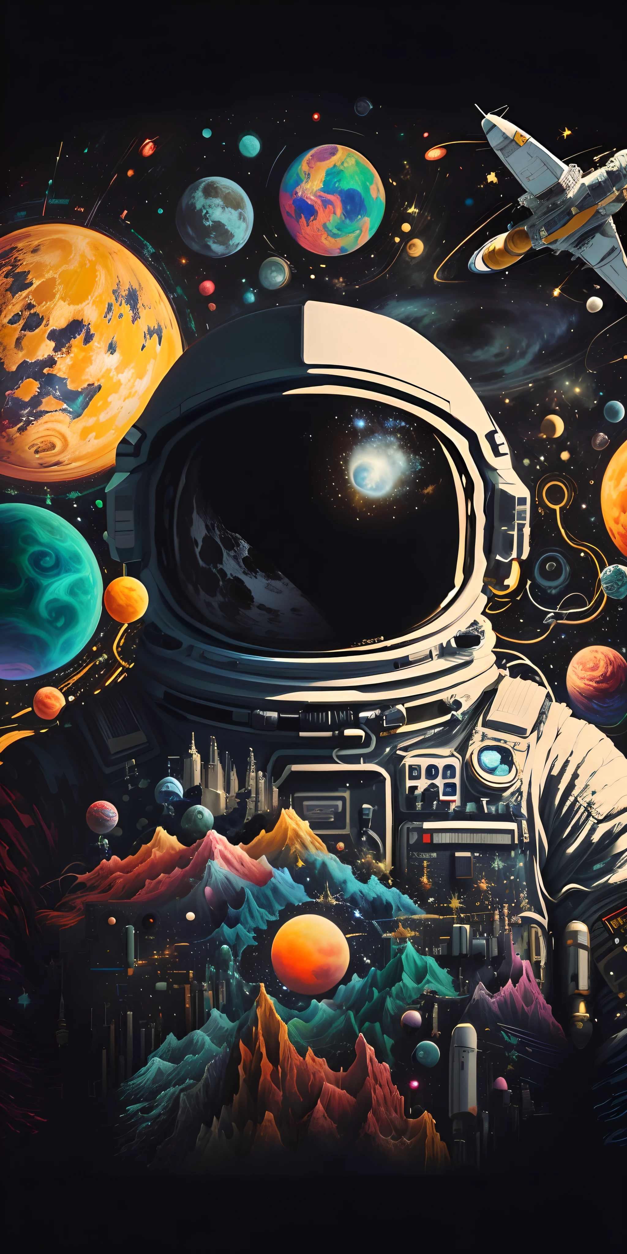 A painting of astronauts in space surrounded by planets, space, amazing wallpapers, Viagens espaciais, cosmic space, astronauta detalhado, Viagens espaciais, cosmic space, arte espacial, lonely astronaut, surreal space, cosmic ambient, Grande arte digital com detalhes, space themed, staring into space, outerspace, astronauta, space colors, Arte digital altamente detalhada em 4k
