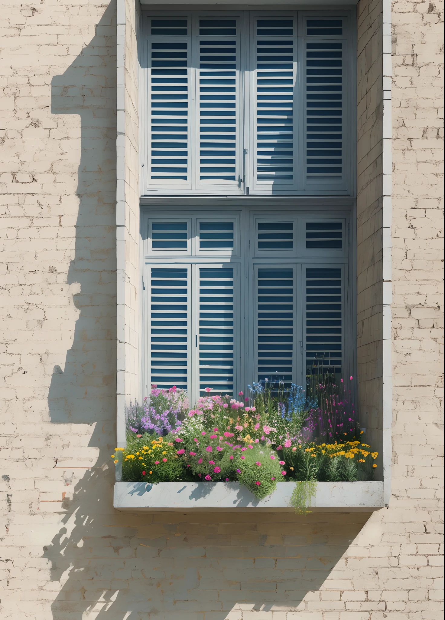 Blue window with flowers in front of white wall, in the style of nadav kander, minimalist cityscapes, precise, aerial photography, earthy color palette, paul corfield, intentionally canvas --auto --s2
