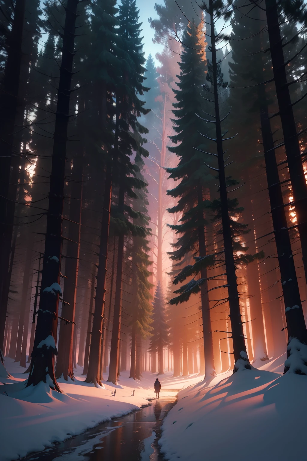 masterpiece_portrait,best quality,photorealistic,ultra high res,detailed lighting,realistic,intricate_details, finely_detailed,8K Ultra High Definition,wide shot,Twilight Majesty: A forest at dusk with a vibrant sky painted in hues of orange, pink, and purple. The silhouettes of the trees stand in stark contrast against the colorful backdrop, creating a majestic scene.