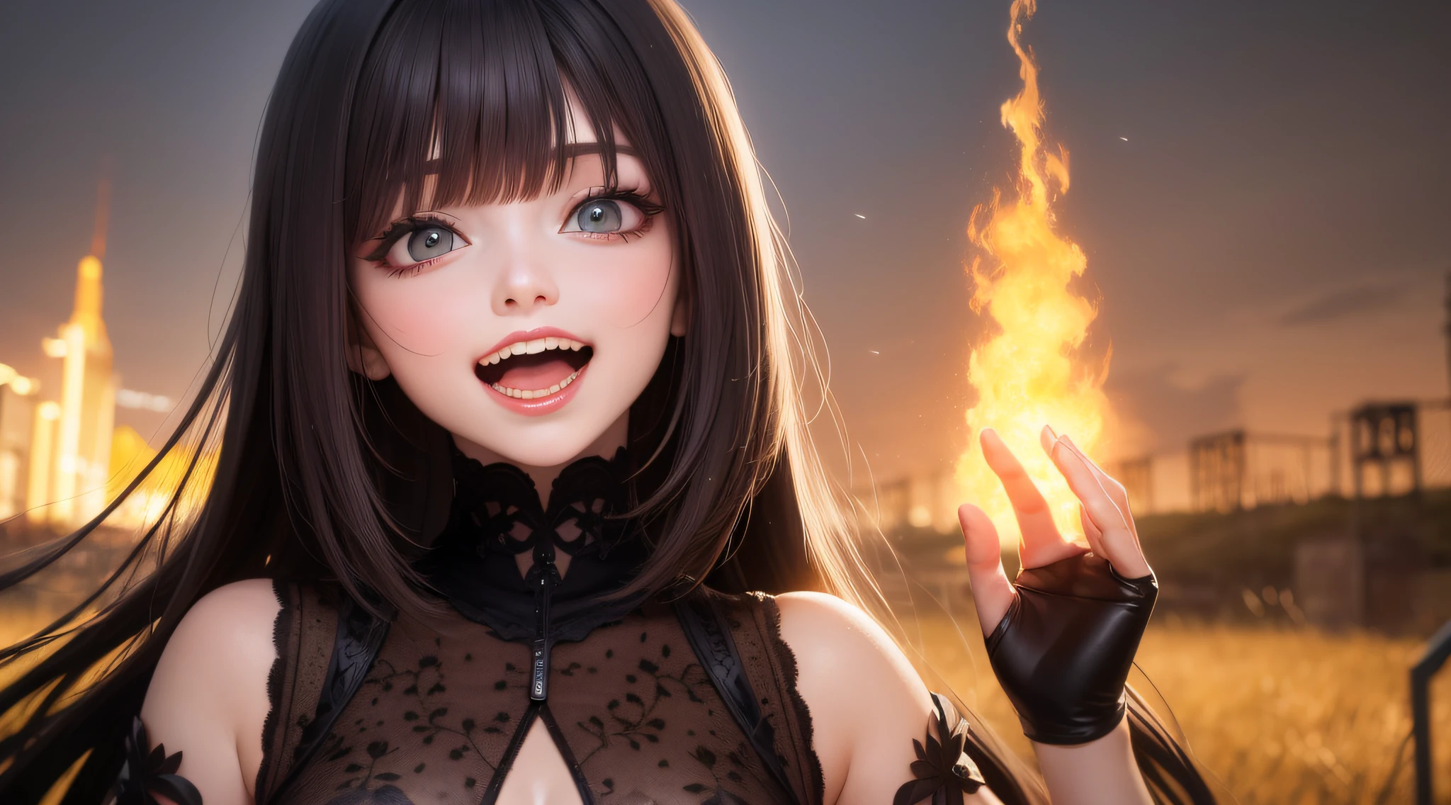 uma mulher linda de cabelos escuros usando roupa preta de couro, face de maldade pura, Evil laughter, olhos vermelhos, posando pra foto, ultrarealista, ambiente com pouca luz e tochas de fogo em volta com mostros ao fundo da imagem em paisagem distante