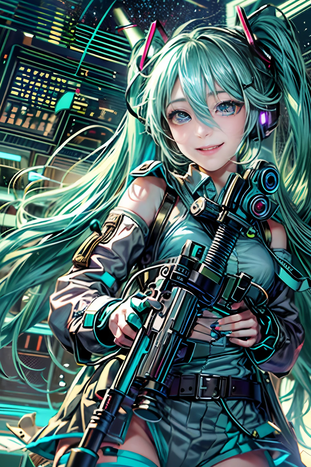 Photorealsitic, hight resolution, 1 rapariga, Korea person, Heterochromia eyes, small moles under eyes,(tmasterpiece), (top-quality), realisticlying, ciinematic light, ((Hatsune Miku smiling with a machine gun)),  Posing with sexual overtones, Battlefield Background, the perfect body, green colored eyes, green colored hair