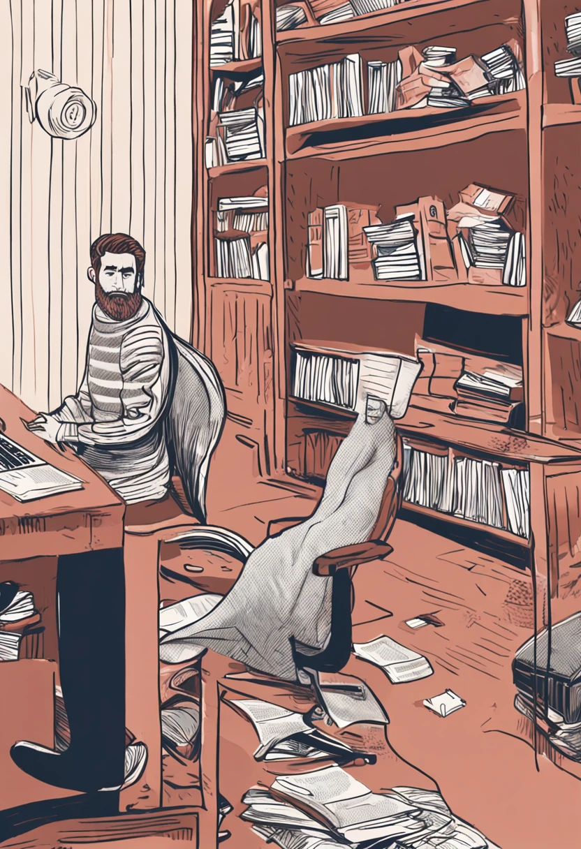 There's a man with a beard and sweater, taken in the early 2020s, foto de perfil headshot, Streamer do Twitch / com uma barba pequena, foto de um homem, selfie de um homem, estou sentado, em uma [maquina de escrever], in an office [vintage] com livros. A mesa [aspecto antigo] onde esta meu [macbook] is of [cor clara], com um pano [vermelho] e possui algumas marcas do tempo. It has pencils, e caneta em cima da [mesa], Eu estou vestido com uma roupa [terno azul marinho, estilo risca de giz] uma gravata [borboleta] escura, e um [glasses with black frame]. My hair is cut [corte militar], And my facial expression is that of someone who has come from a war [emocional]. Tenho 30 anos.