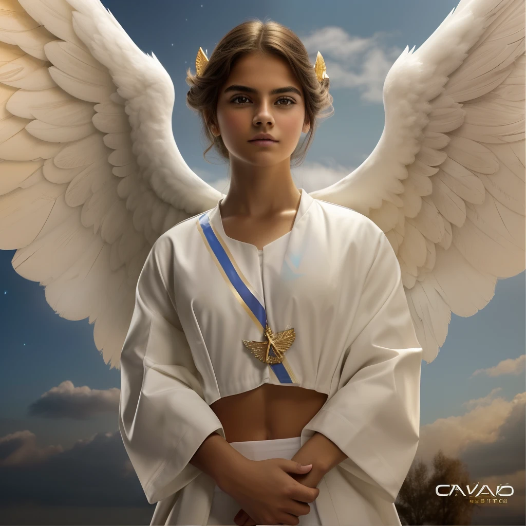 (((Holy GUARDIAN ANGEL. 19 years old))) ((( Con una cara seria y piadosa. Con una mirada dulce y tierna))) (obra maestra, calidad superior, mejor calidad, arte oficial, beautiful and aesthetic: 1.2), (1girl), extremadamente detallado, (Arte fractal: 1.3), colorido, highest detailed, Cara perfecta, parte superior del cuerpo, HDR, (orando: 1.3), (golden lines of white coat: 1.2), galaxia, (rayas de luz), eye-catching visuals, (dynamic stripes, senderos luminosos: 1.2), colores vibrantes,