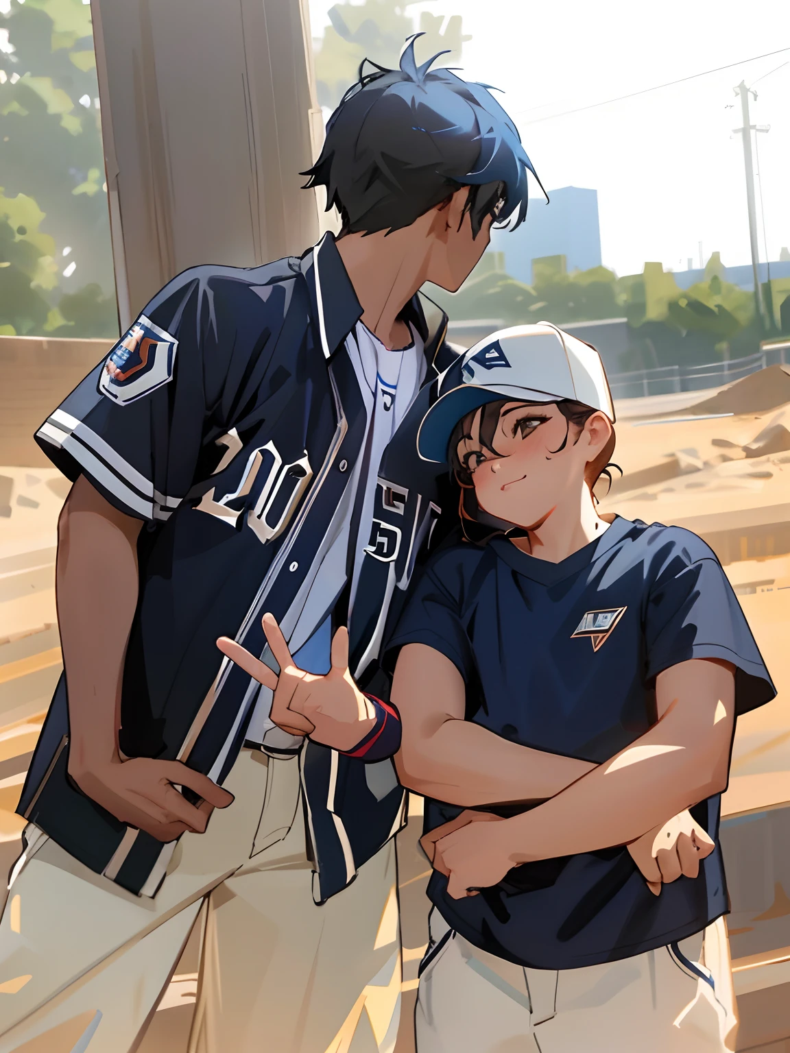 they are posing for a picture in the dirt with their baseball uniform, kda and sam yang, profile shot, tyler edlin and natasha tan, posed, taken in the early 2020s, smooth in _ the background, beautiful surroundings, slide show, with a kid, taken in 2 0 2 0, never before seen, taken on iphone 14 pro