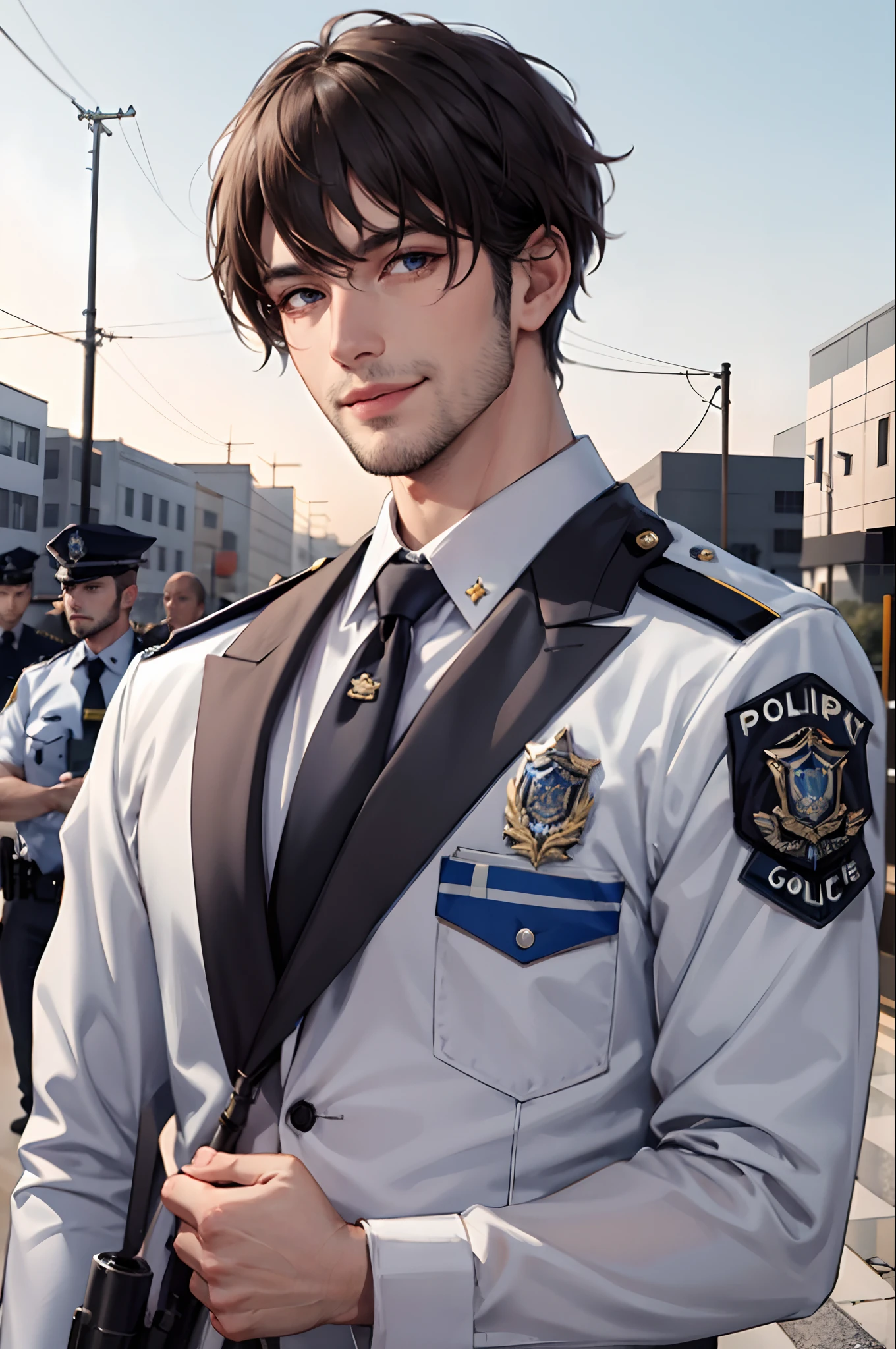 (masterpiece:1.2, best quality), (real picture, intricate details), 2man, two male, upper body, casual, short hair, natural fabrics, close-up face, smile, cops, police officer setting, police, handsome men, perfect body, no body hair, no facial hair, short hair, really short hair, bangs, wispy bangs, bangs on forehead, blue eyes, cop clothing, police officer clothes, two cops, two handsome cops, no facial hair.