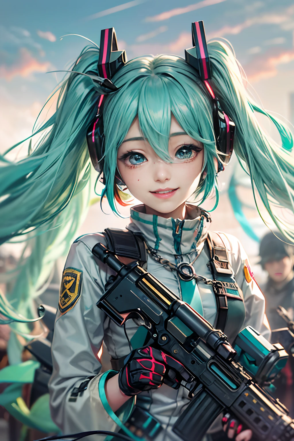 Photorealsitic, hight resolution, 1 rapariga, Korea person, Heterochromia eyes, small moles under eyes,(tmasterpiece), (top-quality), realisticlying, ciinematic light, ((Hatsune Miku smiling with a machine gun)), Posing with sexual overtones, Battlefield Background, the perfect body, green colored eyes, green colored hair