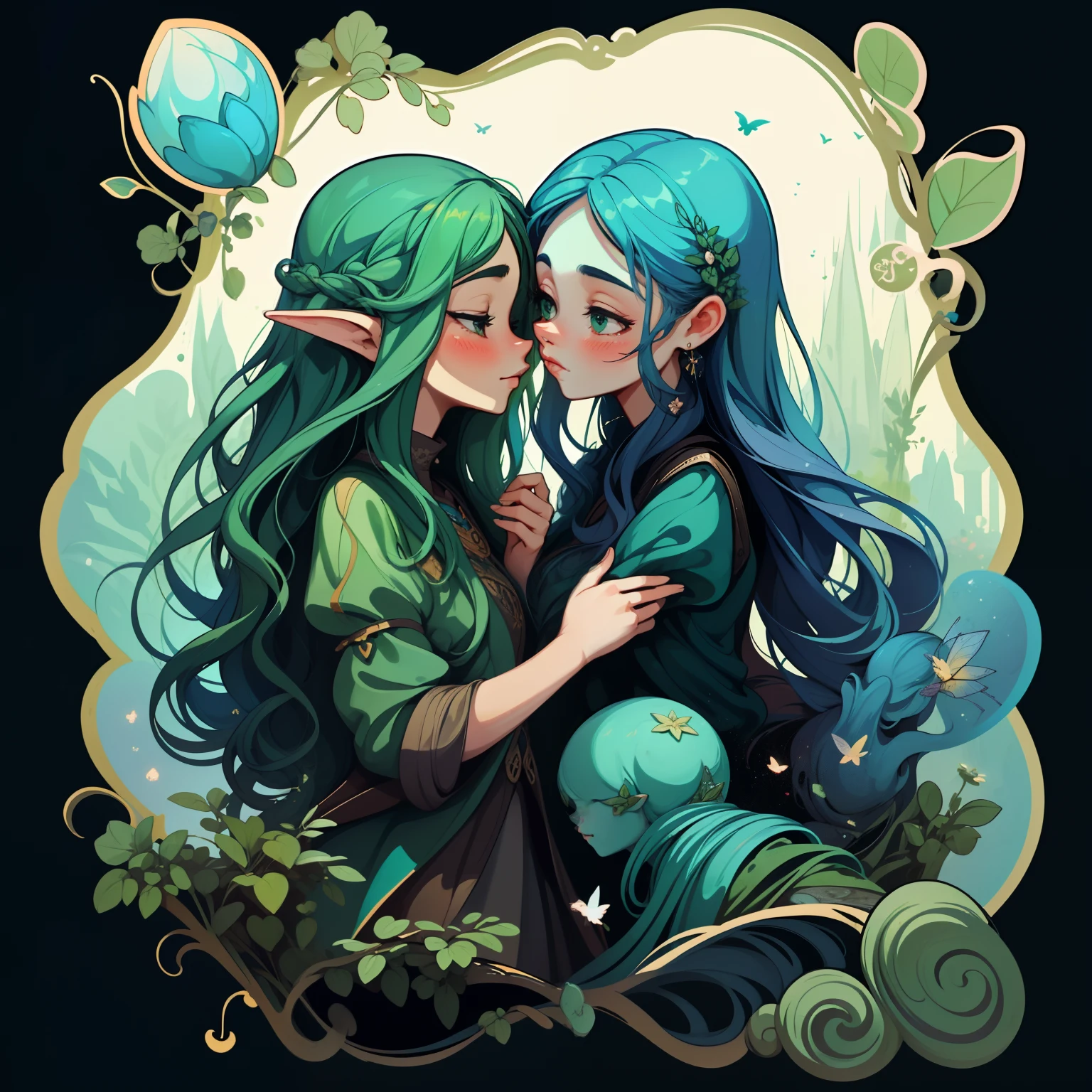 adesivo, fundo simples, portrait, 2 girls, couple, kissing, girl with long hair, beautiful fairy girl, fairy aesthetic, beautiful girl, very beautiful fantasy art, beautiful and elegant female fairy, beautiful detailed fantasy, green and blue color palate, green color-theme