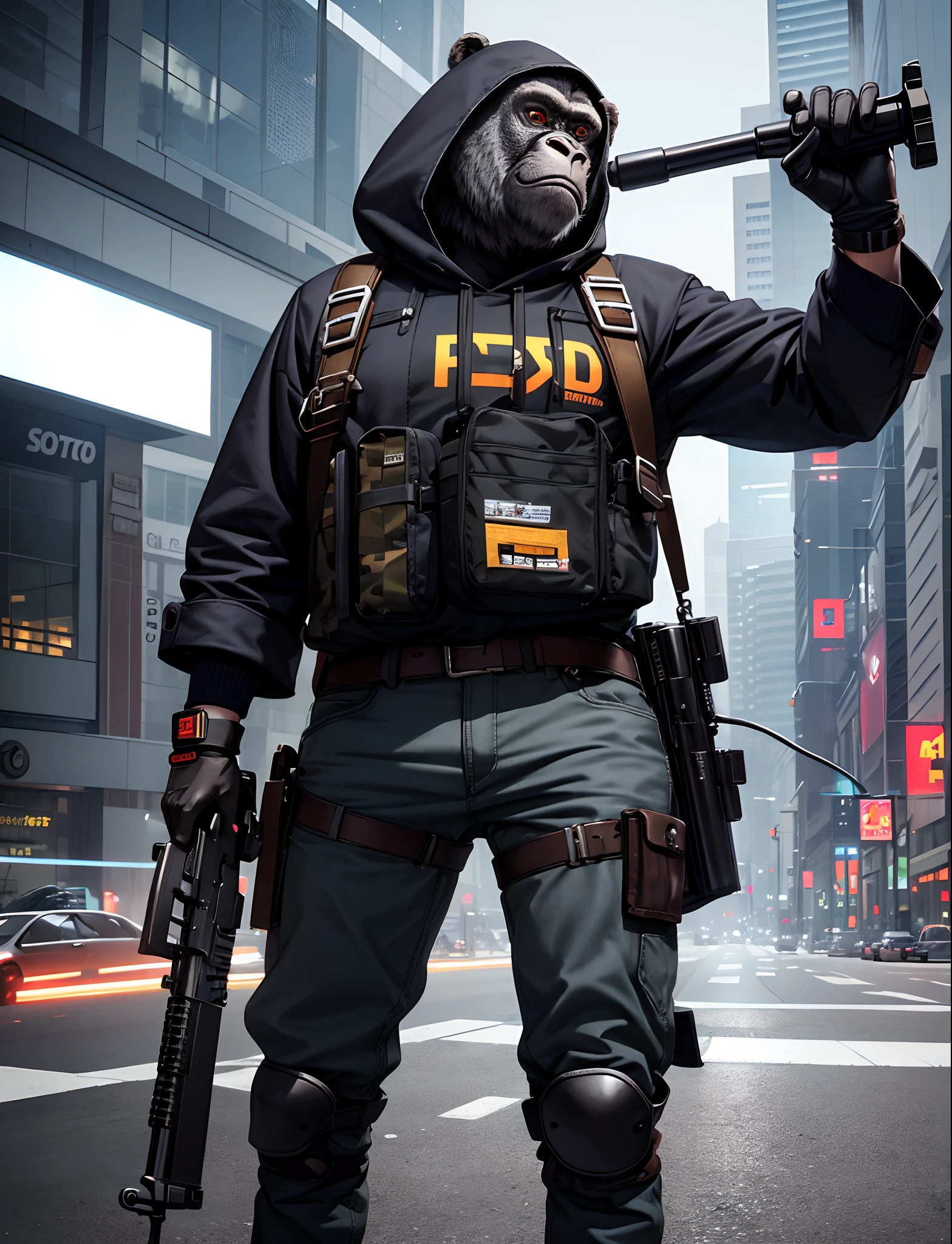masterpiece, best quality, realistic , fashion monkey, gorilla, blur, book, cable, cyberpunk, gloves, infrared sleeve with automatic rifle in hand, hood, solo,