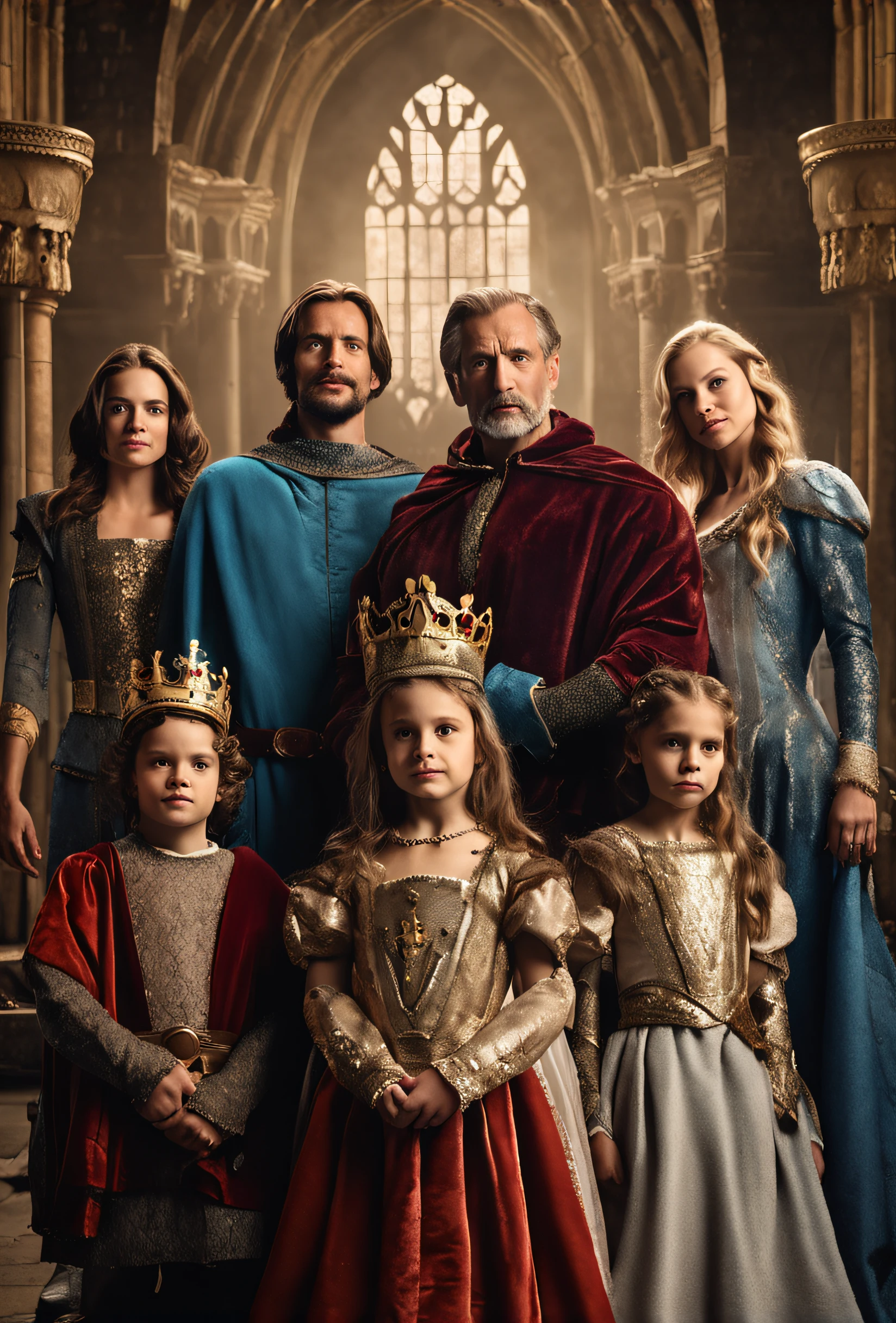 (royal court, only 4 people in the image: the king, the queen, a prince and a princess. 4 people in the picture only) 1 king with strict and firm look, 1 queen with kind and wise look, 1 knight with heroic and cunning look and 1 young princess with playful look. Royal family, 4k image, realistic, perfect faces, flawless, insane details, (royal court in the background, richly adorned palace in the background)