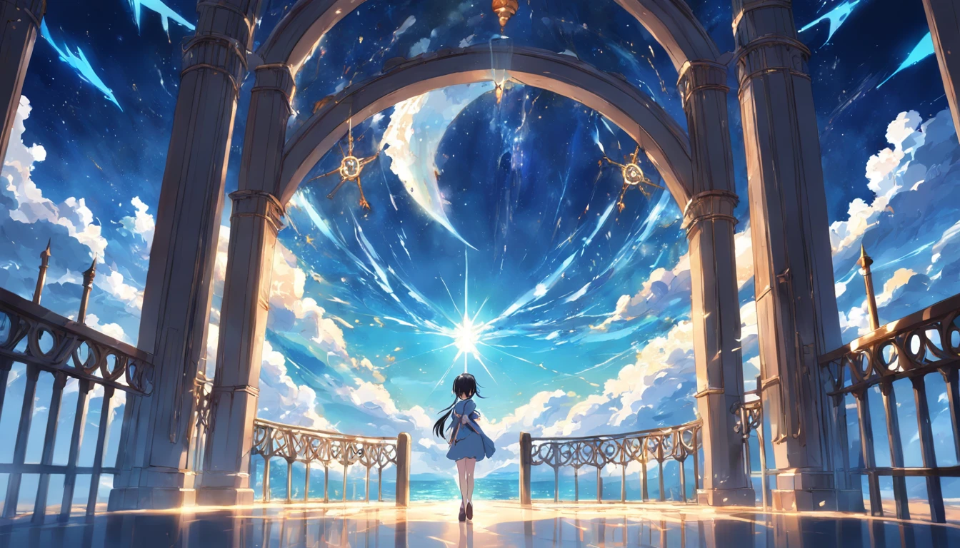 animesque、By Shinkai Makoto、Faraway view、landscapes、vanishing point、Outrageous resolution、hight resolution、ultra-detailliert、The upper half shows the universe、Below is the sea、The mysterious gate that glows、(((There are no people)))、Bright atmosphere、Fantasia、magia、Daylight hours、clean blue sky、sunlight shining、prisma、beautiful lighting、Bright lighting、Soft lighting、Lots of shining magic lights、Iridescent light、(Spark:0.7)