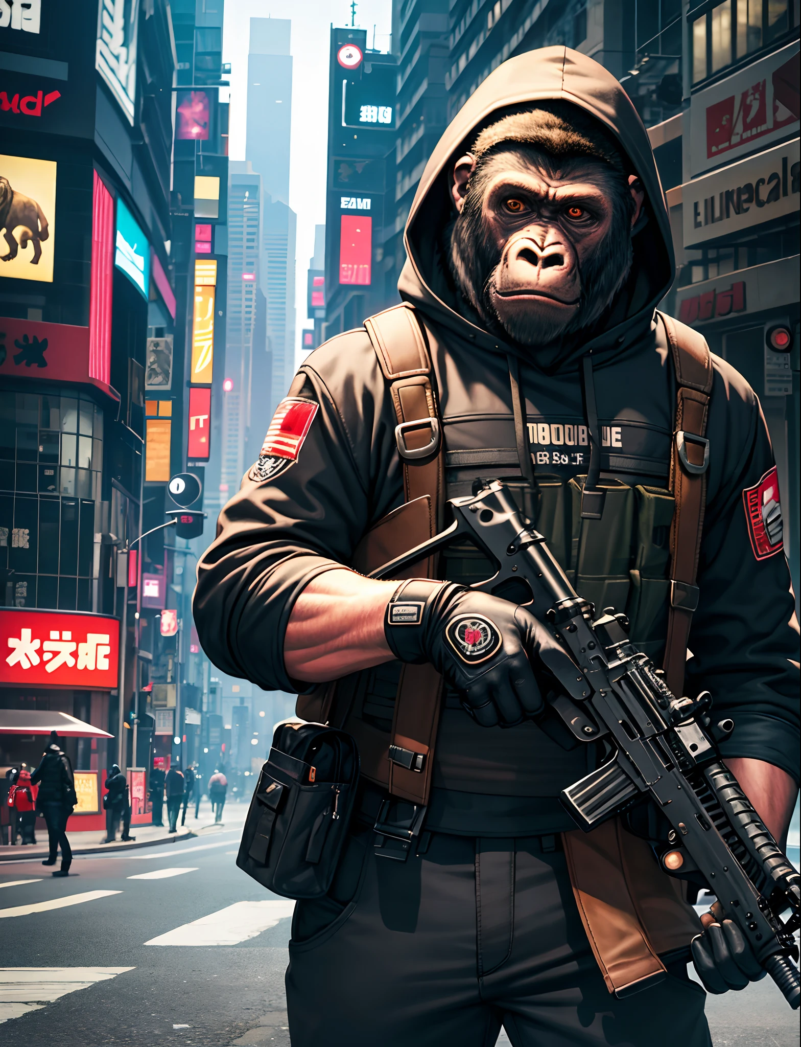 masterpiece, best quality, realistic , fashion monkey, gorilla, blur, book, cable, cyberpunk, gloves, infrared sleeve with automatic rifle in hand, hood, solo,