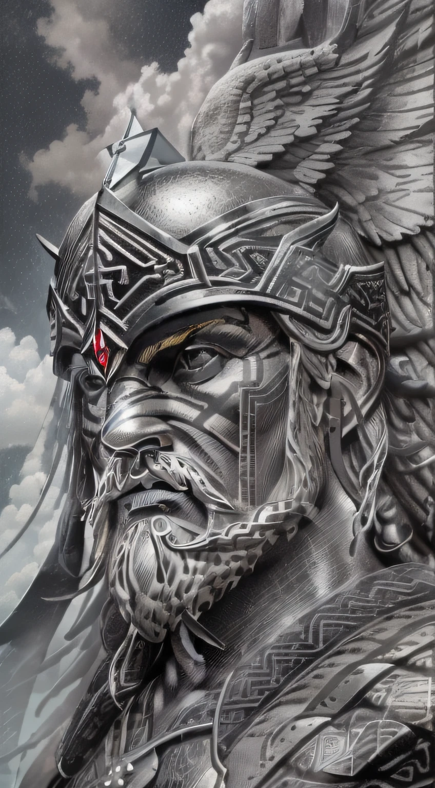 a sculpture of a black and white photo of a man with a helmet and wings, 4K ultra realistic design, for tattoo, realism tattoo design, god of thunder, Viking, with rune tattoos on his face, black and gray tattoo style , realism tattoo design, Norse god THOR, viking face in profile, viking warrior, Norse warrior, The God of Thunder