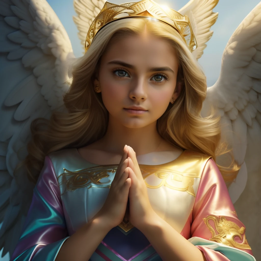(((Holy GUARDIAN ANGEL. 19 years old))) ((( Con una cara seria y piadosa. Con una mirada dulce y tierna))) (obra maestra, calidad superior, mejor calidad, arte oficial, beautiful and aesthetic: 1.2), (1girl), extremadamente detallado, (Arte fractal: 1.3), colorido, highest detailed, Cara perfecta, parte superior del cuerpo, HDR, (orando: 1.3), (golden lines of white coat: 1.2), galaxia, (rayas de luz), eye-catching visuals, (dynamic stripes, senderos luminosos: 1.2), colores vibrantes,