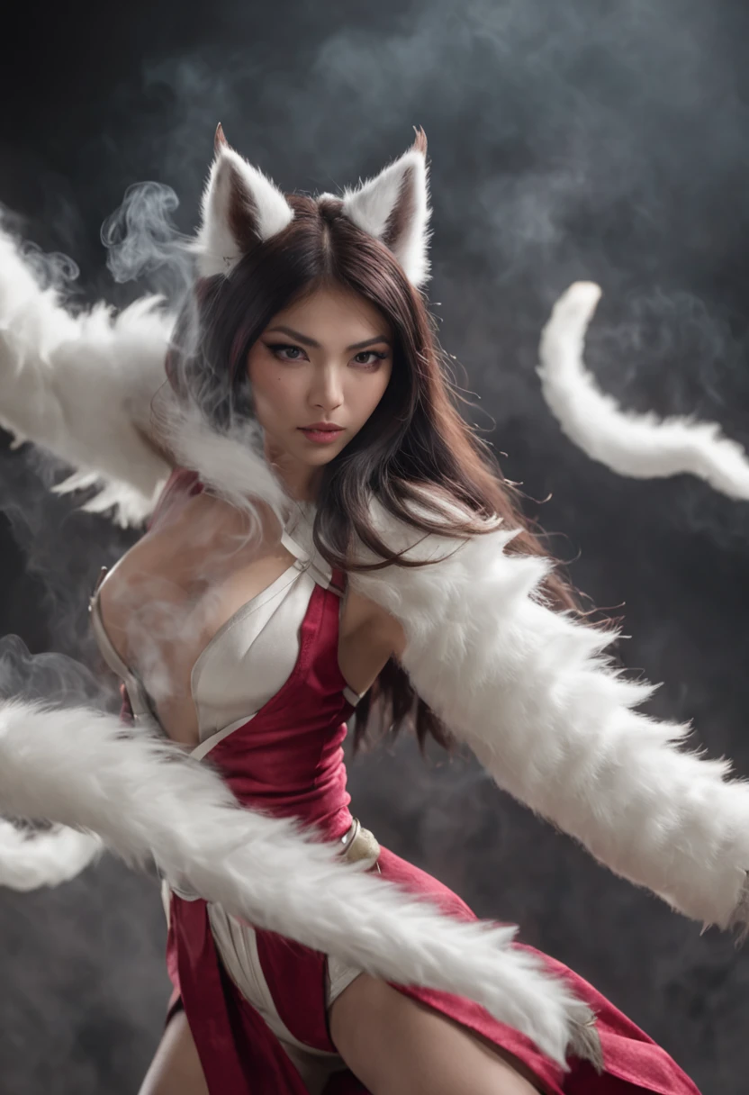 ((Ahri de League of Legends, Ultra realista)), (((corpo inteiro))), ((perfect hands)), with several white fuzzy tails on the back, Usando a Arma Samurai, fundo antigo, elegante, gray and black smoke, atordoante, hyper realistic, octan render, surrounded by the effect of smoke and lightning,  Estilo League of Legends, fundo antigo, elegante, deslumbrante, (papel de parede), arte conceitual, detalhes intrincados, altamente detalhado, ((cinemactic)), Dramatic, (mais alta qualidade, Concedido, obra-prima:1.5), (fotorrealista:1.5), fotografia, Realistic photo, Nikon, Luz Natural, 4k, highes definition, XF IQ4, 150MP, 50 millimeters, ISO 1000 Certification, 1/Anos 250, Luz Natural, Adobe Lightroom, photolab, Photographic Affinity, PhotoDirector 365,