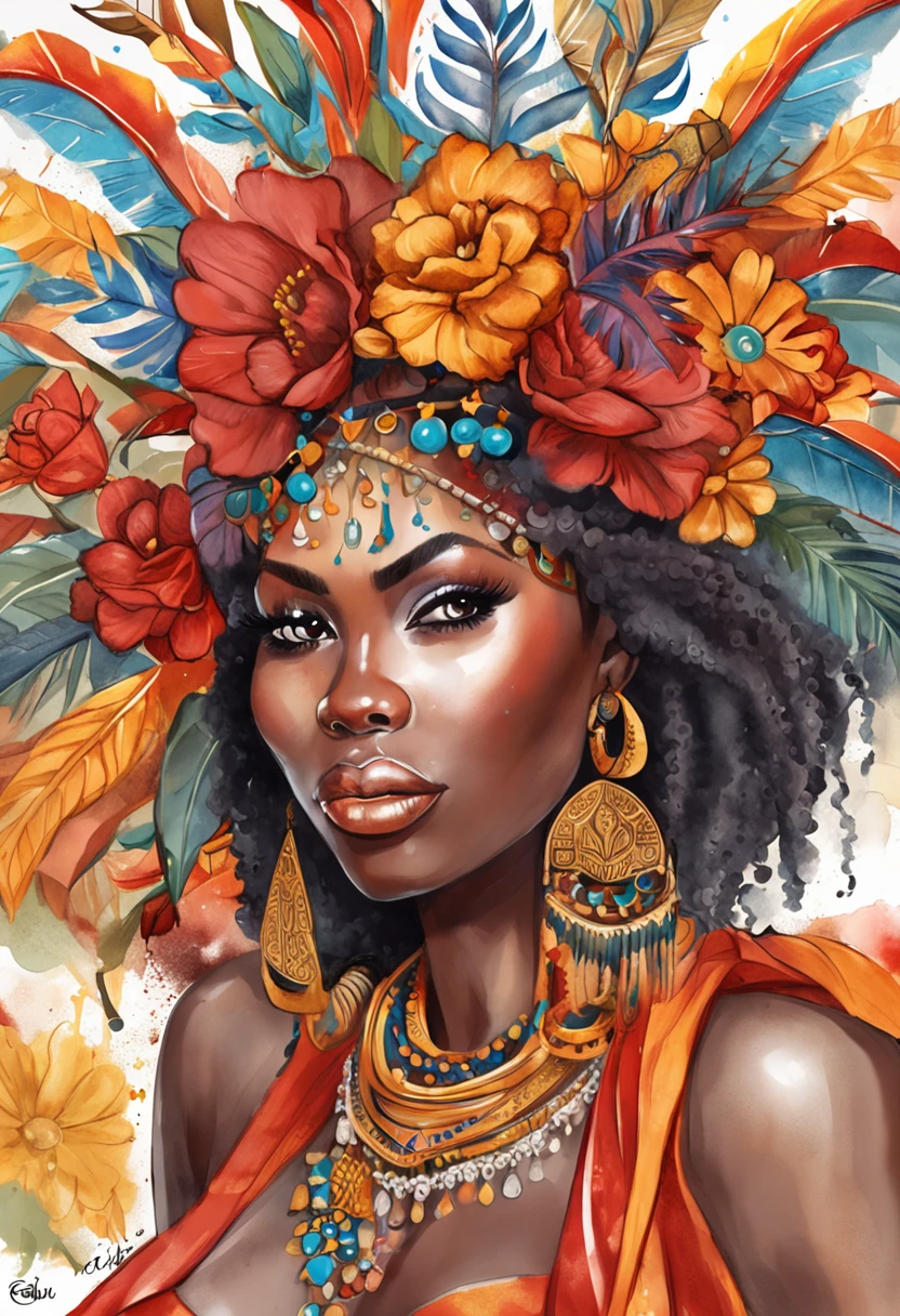 "Festa oficial Art Africa, Beautiful and Aesthetic, mulher negra, master part, belos olhos detalhados, olhos perfeitos , Liam Wong, 1 menina morena, (((red hair))), (((Africano))), bareshoulders,super detailed eyes, Cultura Africanoa, Saia Curta, sexy, umbigo, Very detailed,(pele altamente detalhada: 1.2), pele brilhante, pele oleosa, pele molhada, Cidade africana ao fundo, festa colorida,master part, best quality, Ultra high resolution detailed illustration with portrait focus. Artlista_Mililitro, estilo aquarela, Estilo de tinta, Sketch style,Primary works,(his distinctive appearance and personality shining through: 1.1) , ( A snapshot capturing the ethereal allure of the black woman within the enchanting forest:1.1)),Arte Oficial, Beautiful and Aesthetic, 512 mil, JUJU,cabelo sedoso, cabelos brilhantes, cintura pequena, extremamente bonito, textura da pele, tom de pele escuro, corpo extremamente definido, corpo atletico. Vestindo peito e shorts bem detalhados e refinados. She is seated on a majestic and exquisite throne with precious stones, trono detalhado de ouro e prata, trono acolchoado vermelho. imagem extremamente detalhada.perfeito_Hands, hand-painted lines, Linha de borda, marca de tinta, pencil line, vivid colors. Detailed depiction of girls wearing ruffled clothes and with beautifully detailed skin."JUJU