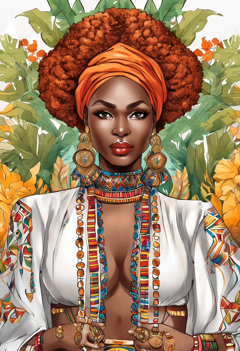 "Festa oficial Art Africa, Beautiful and Aesthetic, mulher negra, master part, belos olhos detalhados, olhos perfeitos , Liam Wong, 1 menina morena, (((red hair))), (((Africano))), bareshoulders,super detailed eyes, Cultura Africanoa, Saia Curta, sexy, umbigo, Very detailed,(pele altamente detalhada: 1.2), pele brilhante, pele oleosa, pele molhada, Cidade africana ao fundo, festa colorida,master part, best quality, Ultra high resolution detailed illustration with portrait focus. Artlista_Mililitro, estilo aquarela, Estilo de tinta, Sketch style,Primary works,(his distinctive appearance and personality shining through: 1.1) , ( A snapshot capturing the ethereal allure of the black woman within the enchanting forest:1.1)),Arte Oficial, Beautiful and Aesthetic, 512 mil, JUJU,cabelo sedoso, cabelos brilhantes, cintura pequena, extremamente bonito, textura da pele, tom de pele escuro, corpo extremamente definido, corpo atletico. Vestindo peito e shorts bem detalhados e refinados. She is seated on a majestic and exquisite throne with precious stones, trono detalhado de ouro e prata, trono acolchoado vermelho. imagem extremamente detalhada.perfeito_Hands, hand-painted lines, Linha de borda, marca de tinta, pencil line, vivid colors. Detailed depiction of girls wearing ruffled clothes and with beautifully detailed skin."JUJU