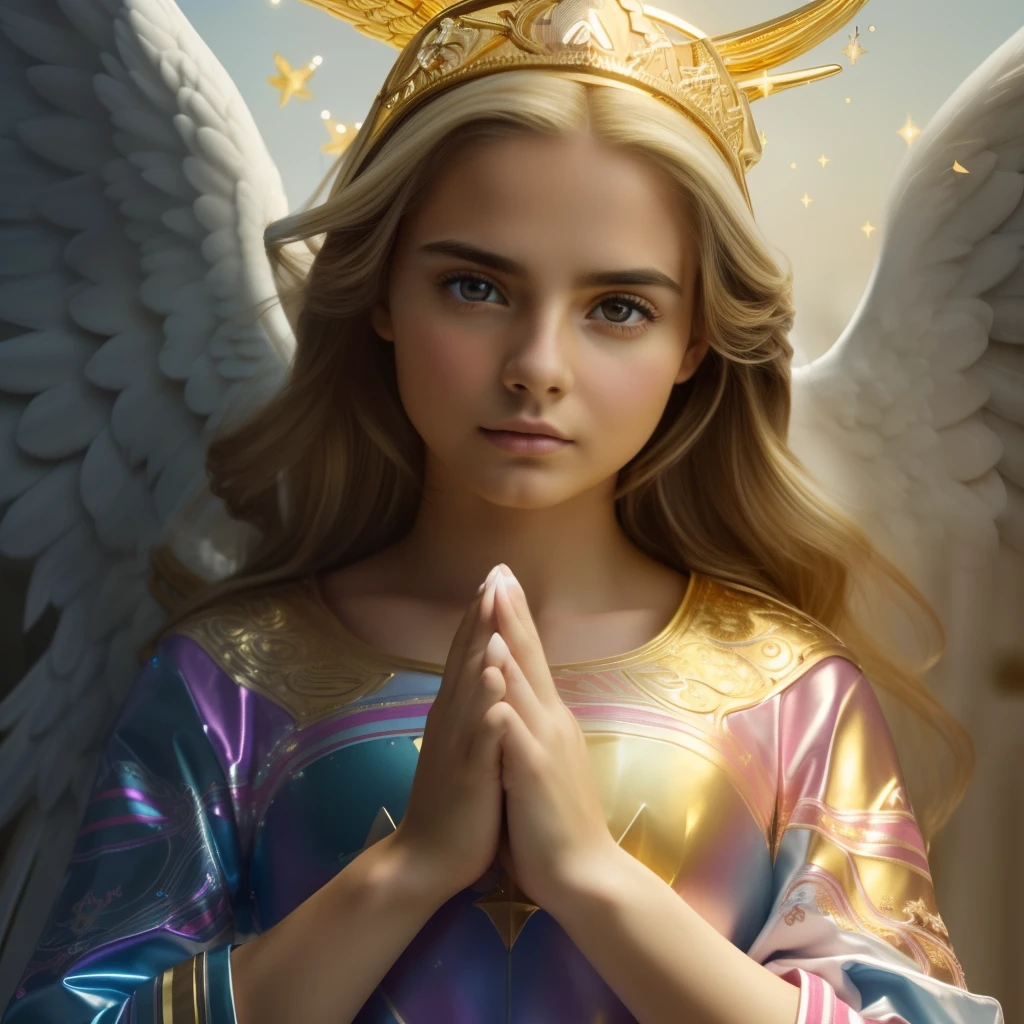 A beautiful child angel blue eyes,in the background of the photo a large golden cross There is a woman in a dress with wings on a balcony, beautiful female angel, beautiful angel, goddess. Extremely high detail, cute angel, of a cute angel girl, winged girl angel, young wan angel,