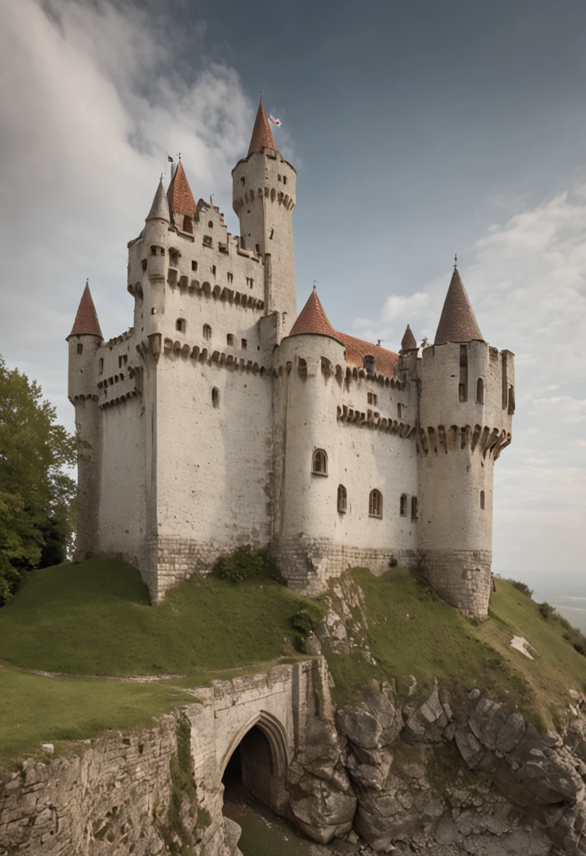 A medieval white castle falling in pieces