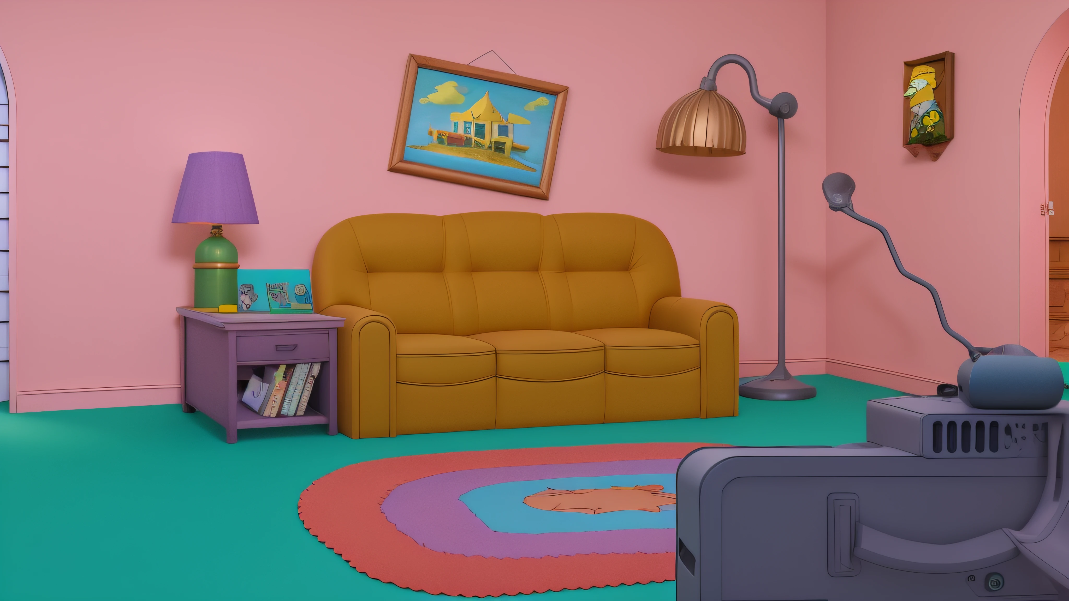 sala de estar da casa dos Simpsons, render 3D, Recursos extremamente exagerados, altamente detalhado, Arnold render, Arte de Zbrush por Gabriel Soares, instagram, art-station, 8k, cinemactic.