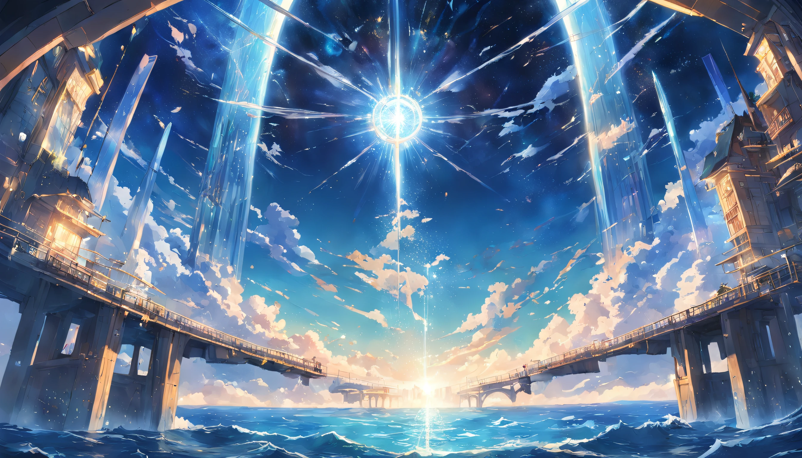 animesque、By Shinkai Makoto、Faraway view、landscapes、vanishing point、Outrageous resolution、hight resolution、ultra-detailliert、The upper half shows the universe、Below is the sea、The mysterious gate that glows、(((There are no people)))、Bright atmosphere、Fantasia、magia、Daylight hours、clean blue sky、sunlight shining、prisma、beautiful lighting、Bright lighting、Soft lighting、Lots of shining magic lights、Iridescent light、(Spark:0.7)