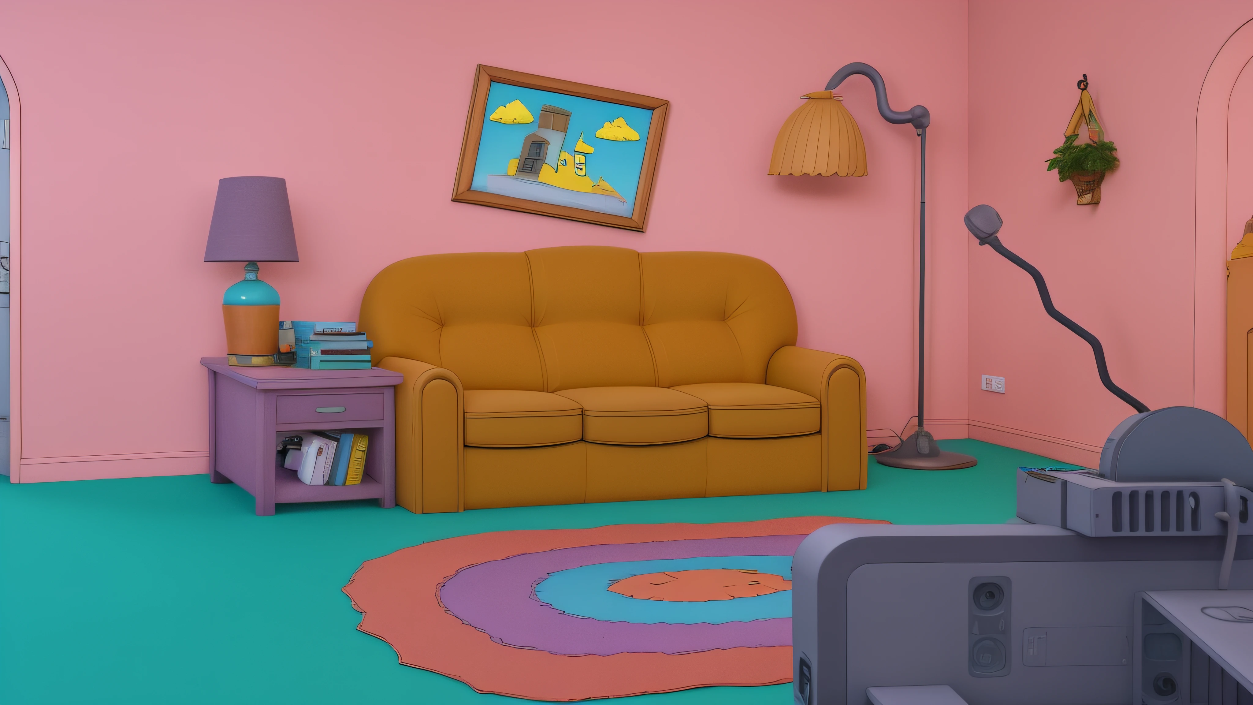 sala de estar da casa dos Simpsons, render 3D, Recursos extremamente exagerados, altamente detalhado, Arnold render, Arte de Zbrush por Gabriel Soares, instagram, art-station, 8k, cinemactic.