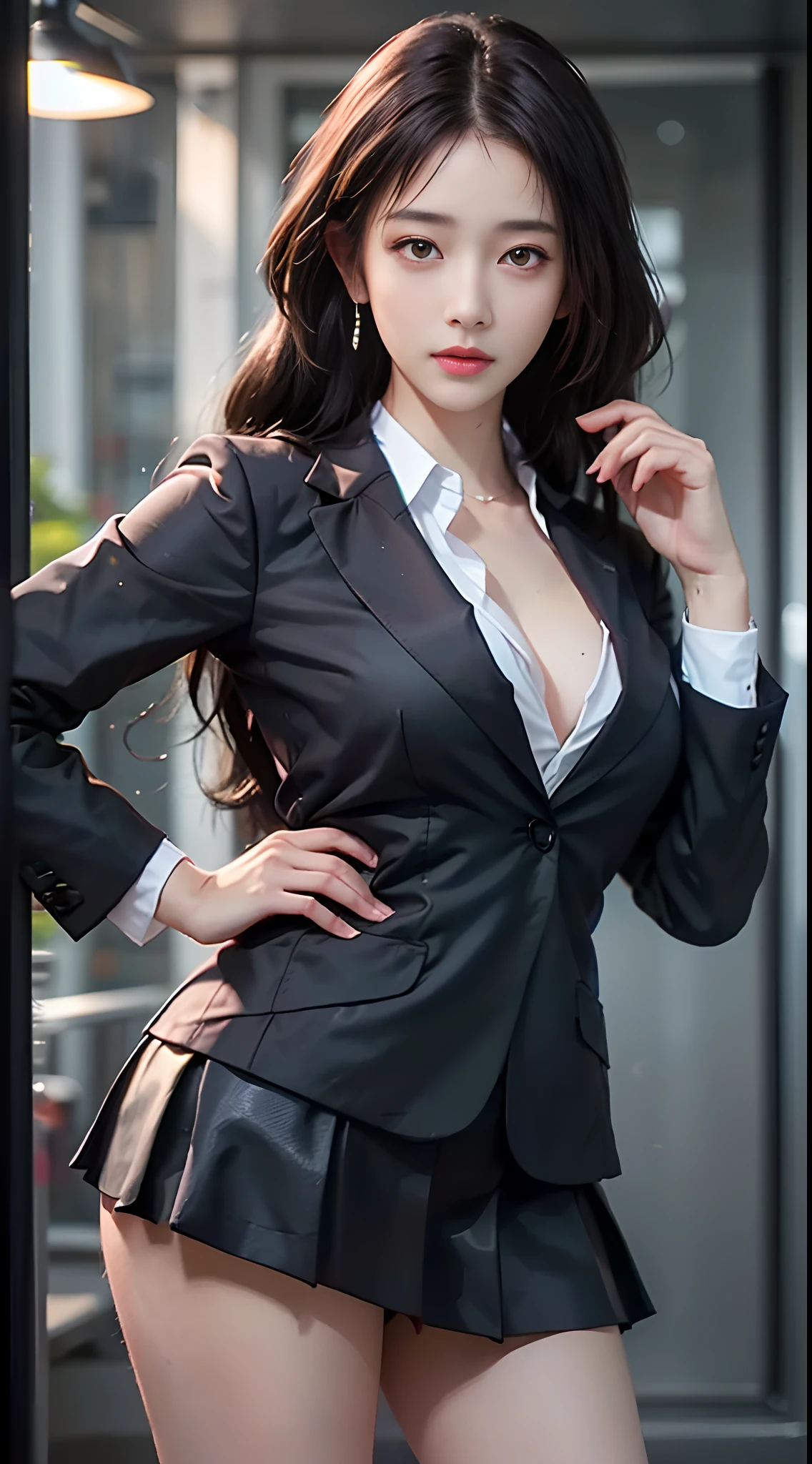 歩道に立つWoman in a suit,((40-year-old woman))、Big Breasts、Dark brown hair color、Hairstyles with bangr.々Hair style、Hair styles of different lengths、(8k, RAW Photos, highest quality, Tabletop: 1.2),、(Realistic, Realistic: 1.3), Cityscape, Day, Sunny Morning, Professional Lighting, Photon Mapping, shirt, (Woman in a suit,) Silk Suit、Pencil Skirt、Tight Skirt、((Delicate photo))，(の詳細なRAW Photos), (Tabletop:1.25), (highest quality:1.6), (超A high resolution:1.5), (Realistic:1.75), 8K resolution, Canon EOS R5, 50mm, Absurd, Super detailed,Cinema Lighting,(Skirt flip:1.2)、Browsing Caution:1.1、the wind is strong、smile、I flipped up my skirt、Simple panties