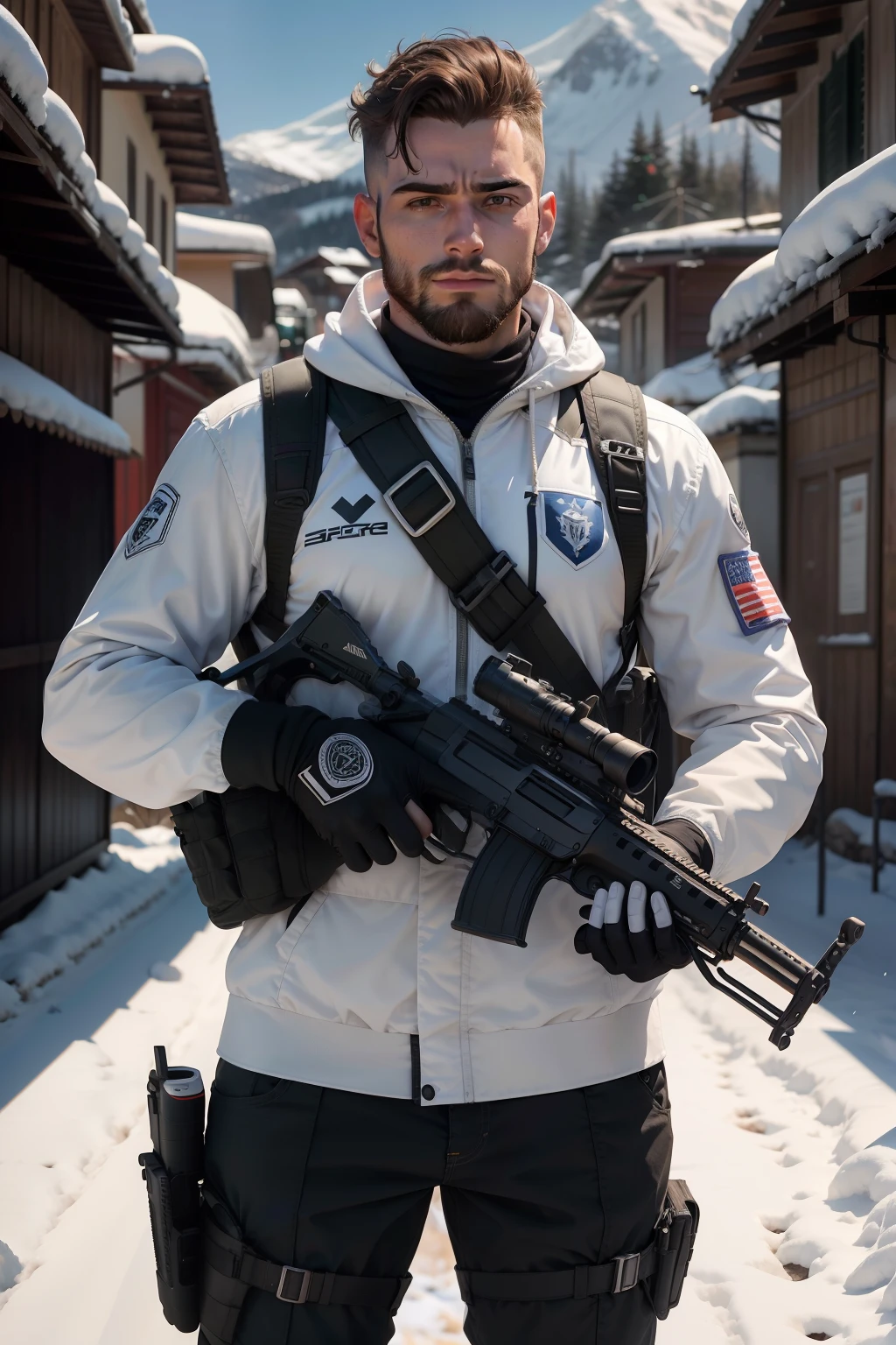 ((master part)), ((melhor qualidade)), ((alta resolução)), 1st grade, fuzil de assalto, homem, masculino, cabelo loiro, barba ruiva, Bullpup, dedo no gatilho, Luvas, arma, handgun, segurando arma, coldre, carabina m4, Foco masculino, Pistola, rifle, espingarda, Snow scenery, neve, sozinho, submetralhadora, ultrarrealista, realista, disciplina de gatilho, arma, olhos castanhos, action: postura de luta, face expression: determinado, colete de assalto branco, traje de combate branco detalhado