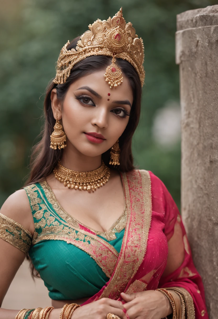 a woman posing for a picture, indian goddess, traditional beauty, indian, beautiful goddess, ornate cosplay, indian style, indian super model, beautiful maiden, gorgeous woman, south east asian with long, provocative indian, gorgeous beautiful woman, hindu aesthetic, beautiful asian girl, extremely detailed goddess shot, jaw-dropping beauty, big boobs deep cleavage sexy navel, no clothes, exposed, big bust, pink nipples