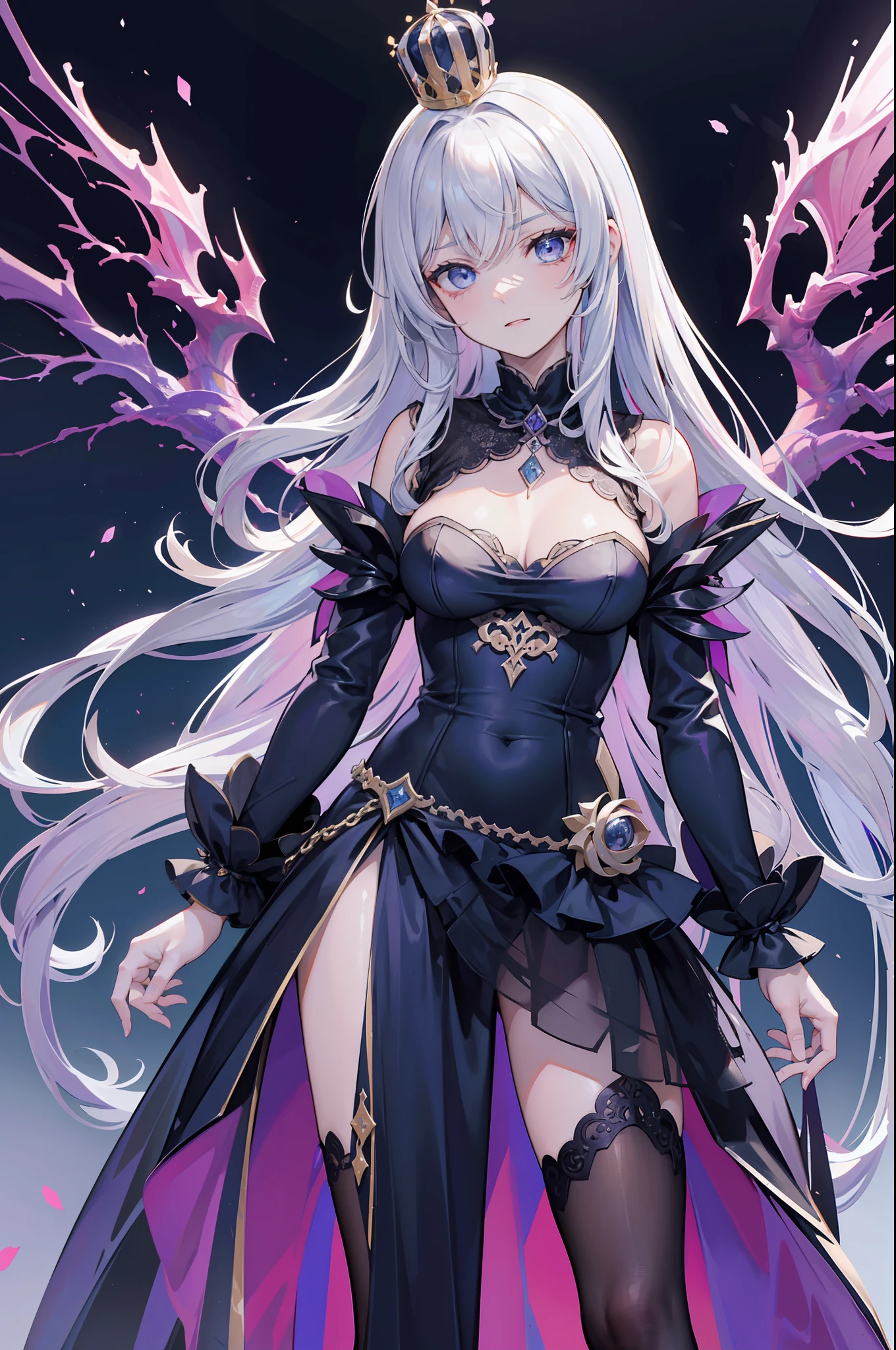 (obra maestra) (La mejor calidad) La diosa de la locura. Has a mocking and sinister expression., Lleva ropa hecha jirones, He wears a tarnished crown and stands on a shattered throne............... She is surrounded by a wind of chaotic fumes of strange colors......
