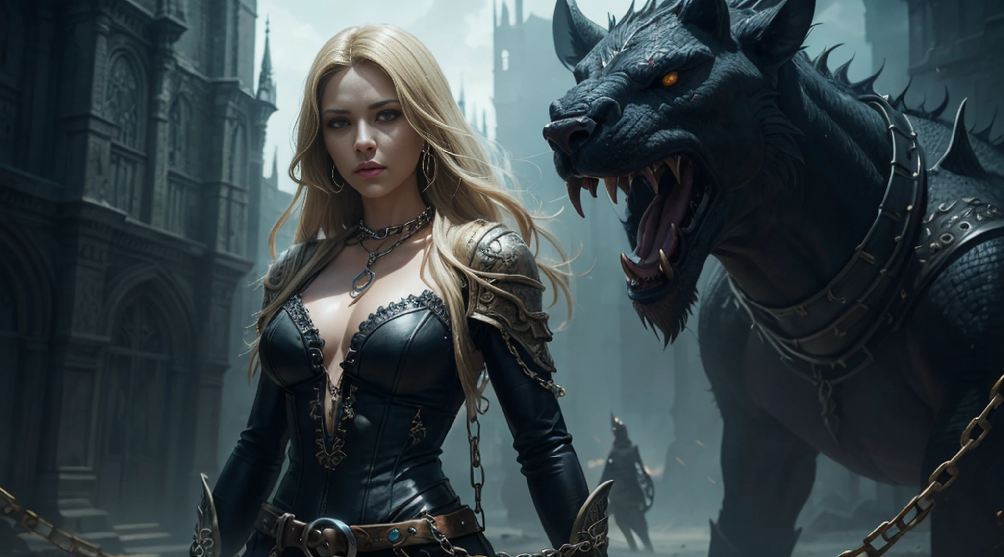 blond woman with chains and chains around her neck and chest, epic fantasy art style, fanart best artstation, dark fantasy style art, epic fantasy art portrait, epic fantasy digital art style, epic exquisite character art, fantasy art style, deviantart artstation cgscosiety, 4k fantasy art, realistic fantasy artwork, epic fantasy art style hd, hyperrealistic fantasy art
