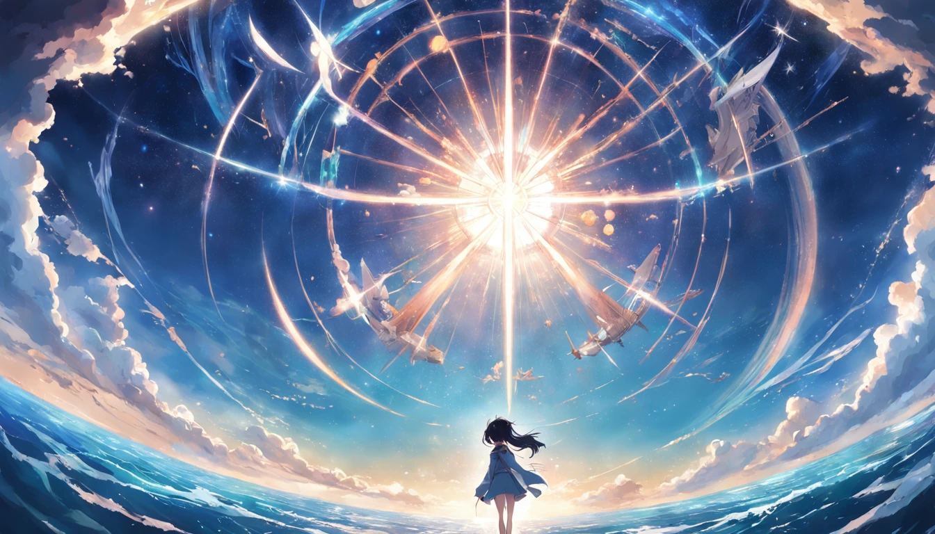 animesque、By Shinkai Makoto、Faraway view、landscapes、vanishing point、Outrageous resolution、hight resolution、ultra-detailliert、The upper half shows the universe、Below is the sea、Mysterious Star Gate、(((There are no people)))、Bright atmosphere、Fantasia、magia、Daylight hours、clean blue sky、sunlight shining、prisma、beautiful lighting、Bright lighting、Soft lighting、Lots of shining magic lights、Iridescent light、(Spark:0.7)