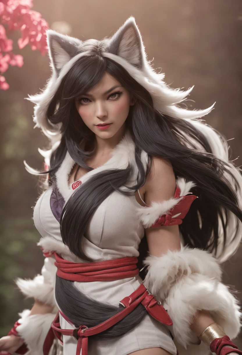 ((Ahri de League of Legends, Ultra realista)), (((corpo inteiro))), ((perfect hands)), with several white tails attached at the height of the tailbone, Usando a Arma Samurai, fundo antigo, elegante, gray and black smoke, atordoante, hyper realistic, octan render, surrounded by the effect of smoke and lightning, Estilo League of Legends, fundo antigo, elegante, deslumbrante, (papel de parede), arte conceitual, detalhes intrincados, altamente detalhado, ((cinemactic)), Dramatic, (mais alta qualidade, Concedido, obra-prima:1.5), (fotorrealista:1.5), fotografia, Realistic photo, Nikon, Luz Natural, 4k, highes definition, XF IQ4, 150MP, 50 millimeters, ISO 1000 Certification, 1/Anos 250, Luz Natural, Adobe Lightroom, photolab, Photographic Affinity, PhotoDirector 365,