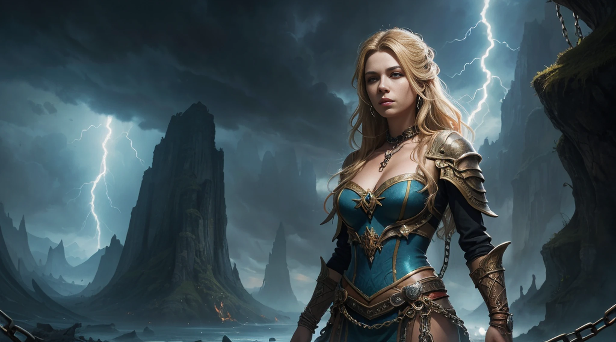 Blonde woman with chains and chains around her neck and chest, epic fantasy art style, melhor arte de fanart, arte de estilo de fantasia escura, epic fantasy art portrait, Style of Art Digital of Epic Fantasy, Exquisite Epic Character Art, estilo de arte de fantasia, deviantart artstation cgscosiety, arte de fantasia 4k, arte de fantasia realista, Epic Fantasy Art Style HD, arte de fantasia hiperrealista, Backdrop with flames and lightning